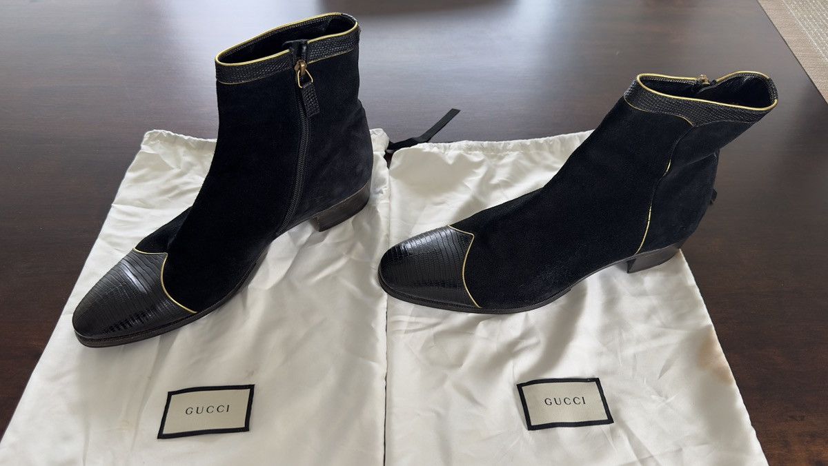 Gucci Gucci Boots Gold Trimmed suede lizard skin boots black. Size US 11 / EU 44 - 2 Thumbnail