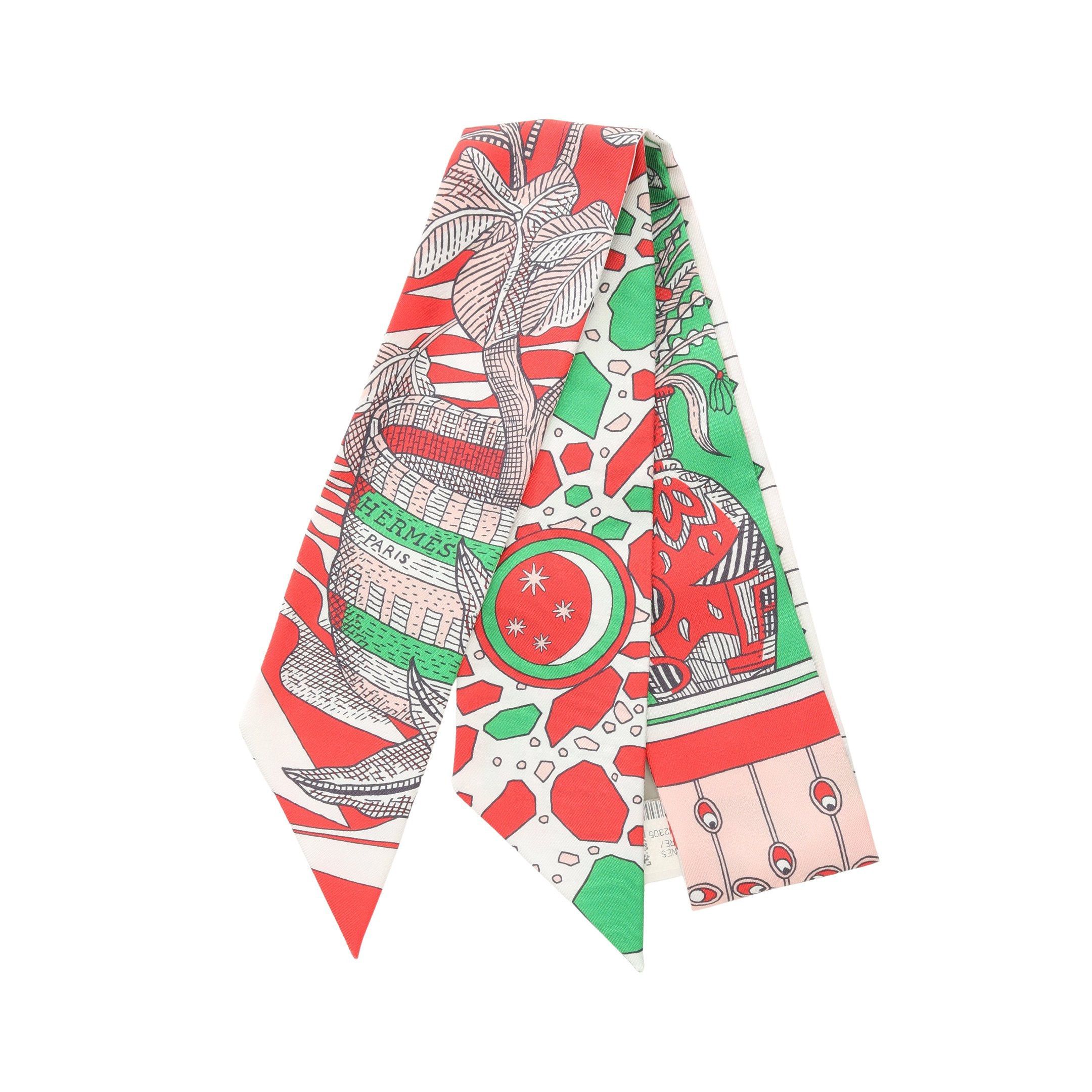Hermes Twilly La Danse Des Amazones Ribbon Scarf Silk Red Multicolor