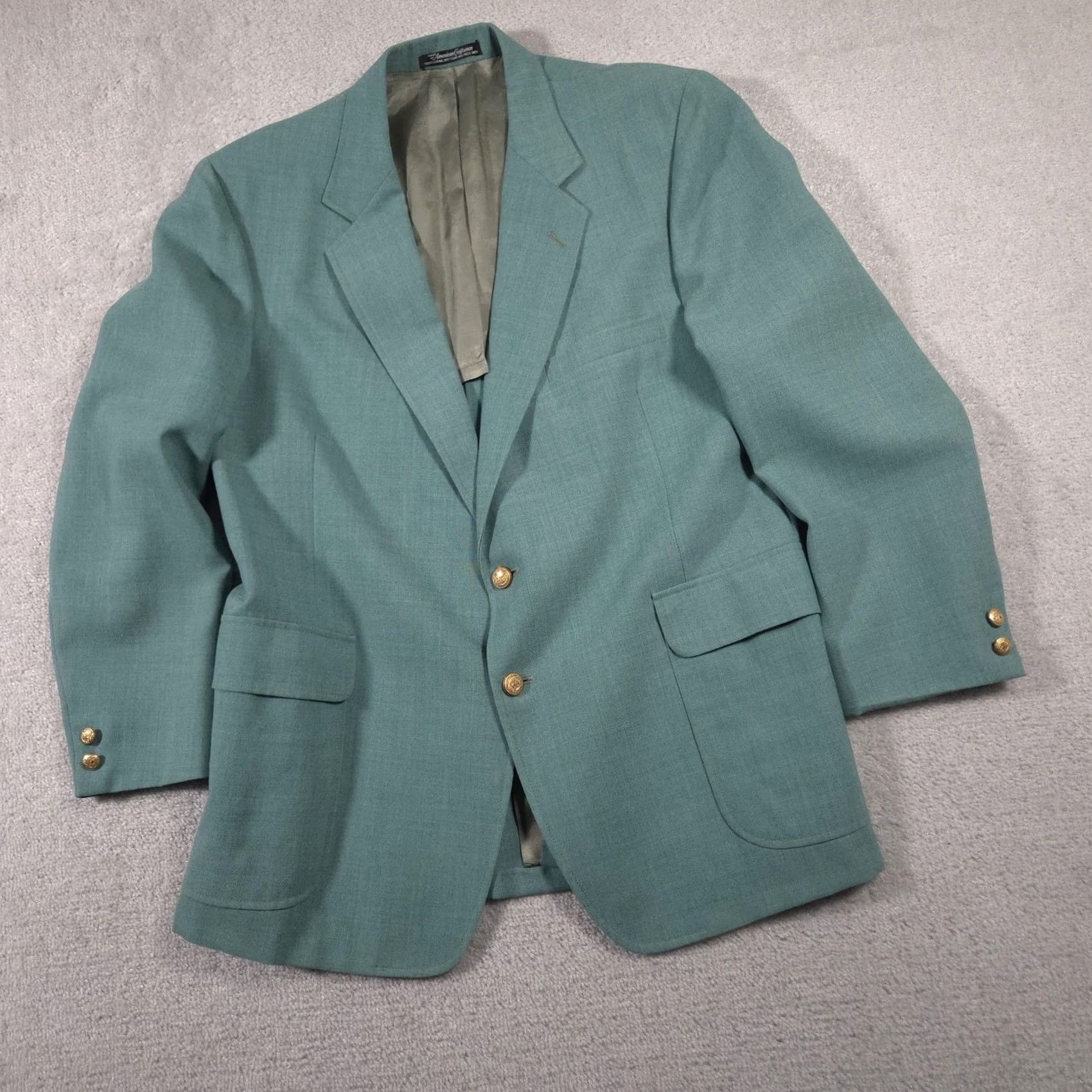 Vintage Forbes Blazer Mens Teal Green 2 Button Sport Coat Gold Crest Buttons Single Vent Front Notch Lapel 43 Regular Men’s Jacket Size 46R - 2 Thumbnail