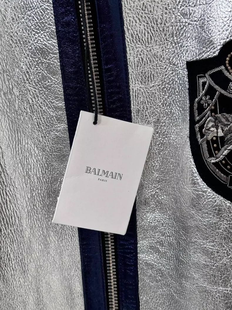Balmain Silvery Bomber Jacket with Navy Accents- Size US L / EU 52-54 / 3 - 9 Thumbnail