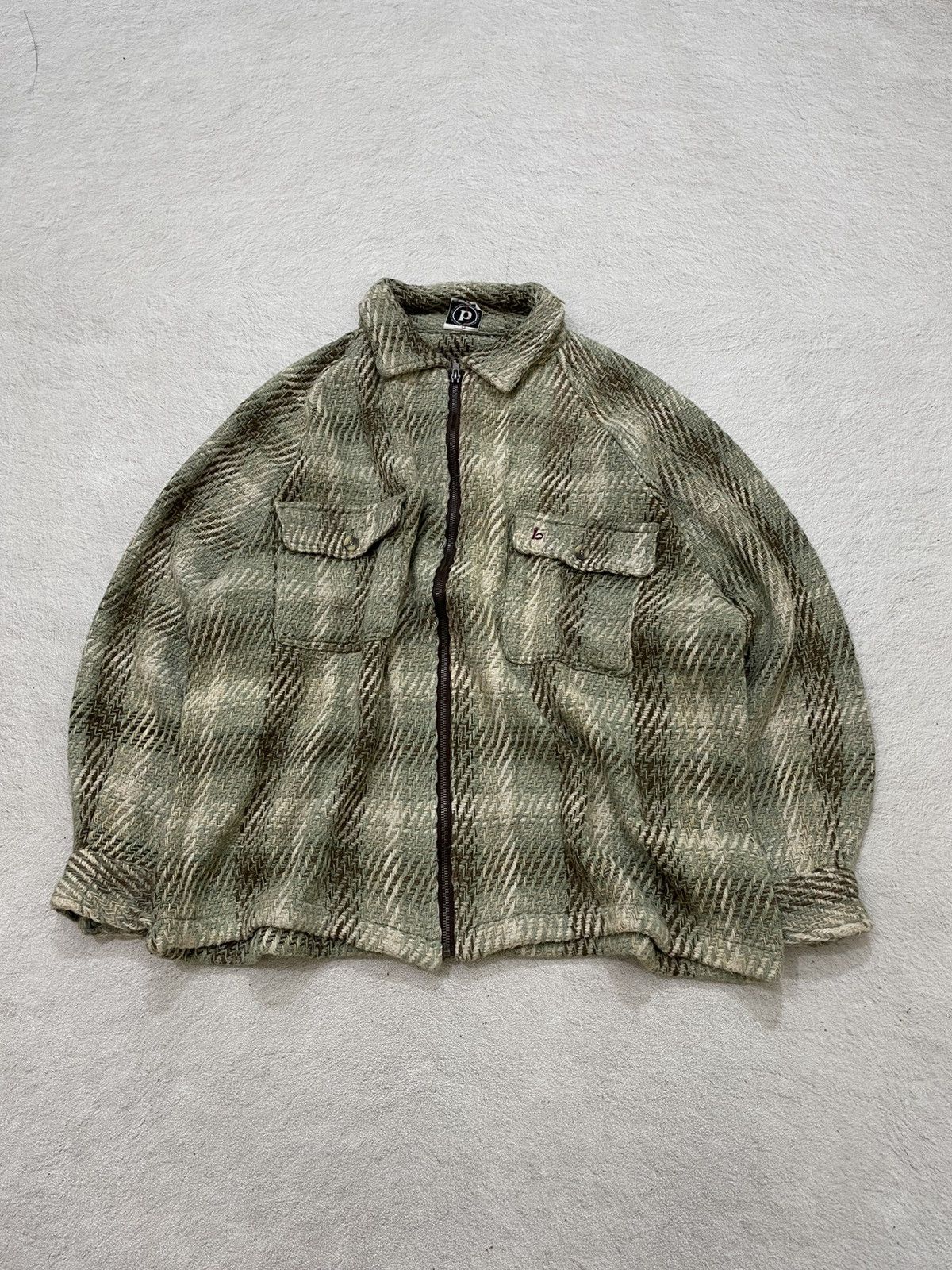 Japanese Brand 2000s Burns Green Textured Zip Jacket Textured woven Fabric Size US L / EU 52-54 / 3 - 1 Thumbnail