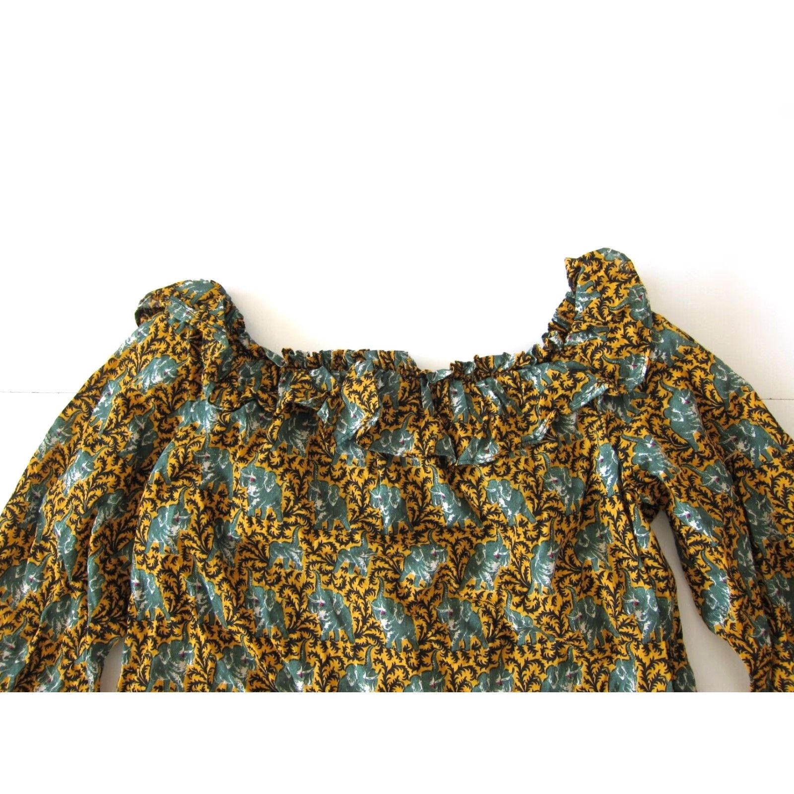 J.Crew J.Crew 100% Cotton Green Yellow Elephant Button Down Off Shoulder Blouse 6 Size M / US 6-8 / IT 42-44 - 5 Thumbnail