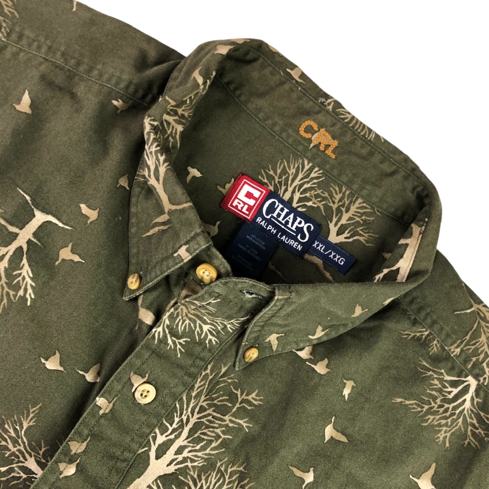 Chaps VINTAGE Chaps Ralph Lauren Button-Up Shirt Men 2XL 100% Cotton Long Sleeve Green Beige Trees Birdes Pattern/Collar Down Mens Size US XXL / EU 58 / 5 - 2 Thumbnail