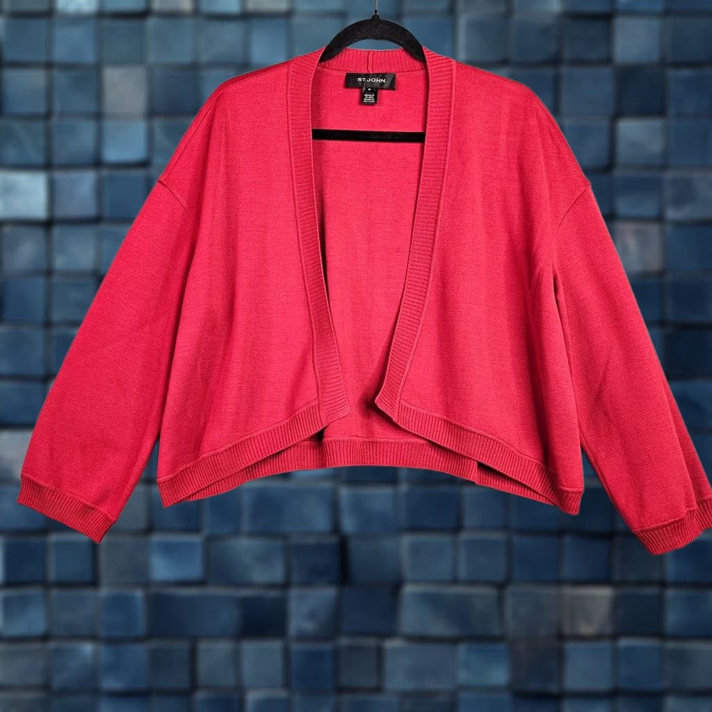St. John St.John Women's M Red Cropped Open Front Knit Sweater Cardigan V-Neck Wool Rayon USA Holiday 90s Modern Mens Womens Boys Girls Size M / US 6-8 / IT 42-44 - 1 Thumbnail
