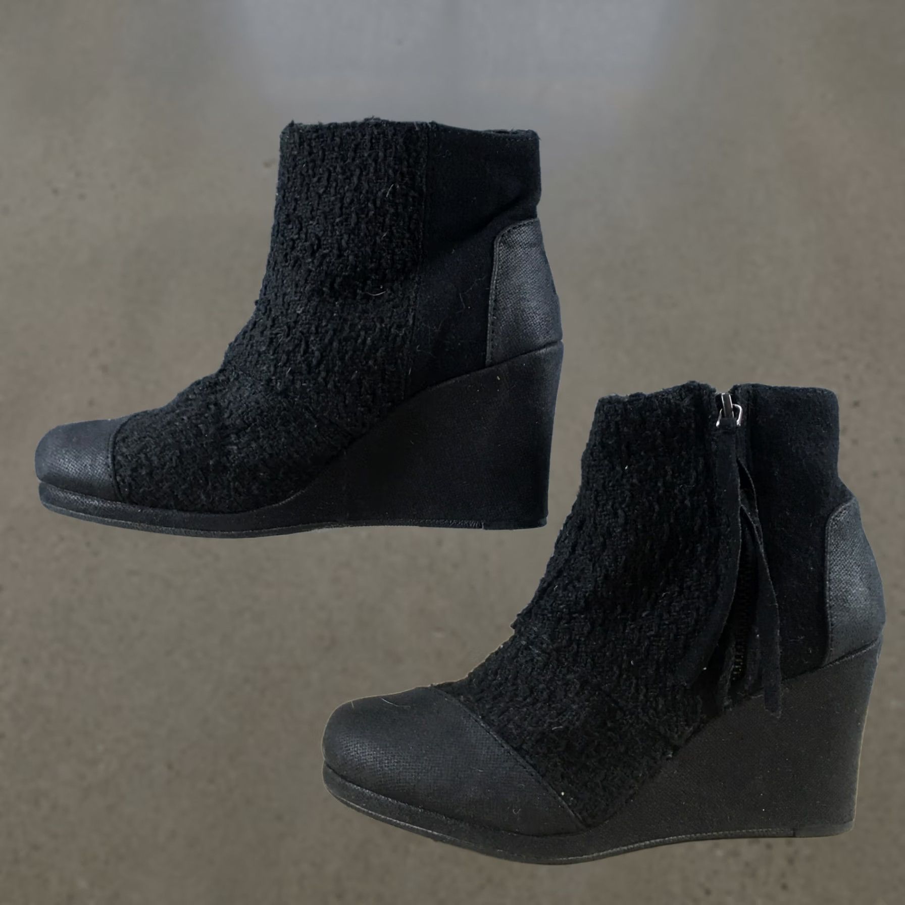 Toms TOMS Boots Womens 6.5 Avery Ankle Booties Black Wedge Tasseled Zip Round Toe Size US 7 / IT 37 - 1 Thumbnail