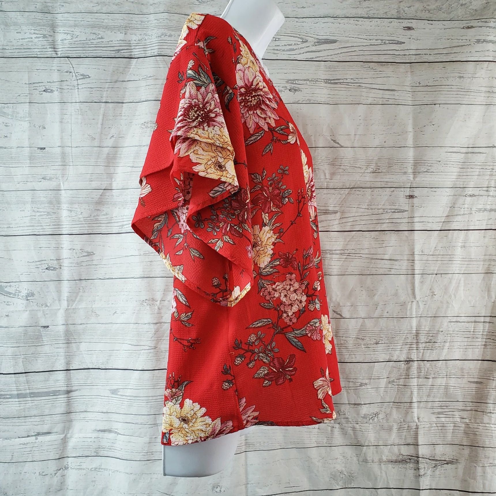 Vintage Bobeau Blouse XS Red Pink Floral Keyhole Layered Sleeves Womens Shirt Size XS / US 0-2 / IT 36-38 - 2 Thumbnail