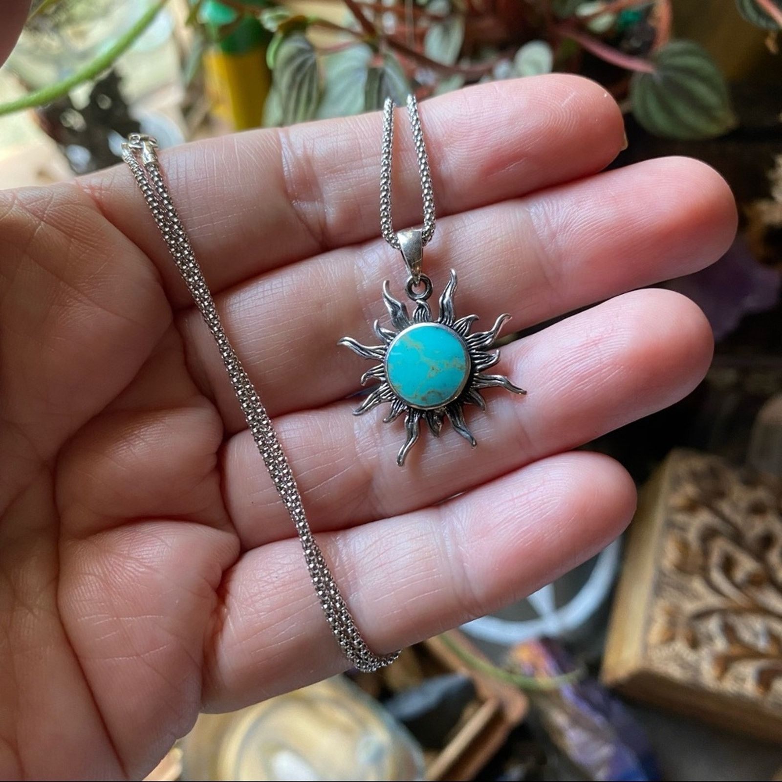 The Unbranded Brand Turquoise Sunburst Sterling Silver Necklace Pendant Size ONE SIZE - 3 Thumbnail