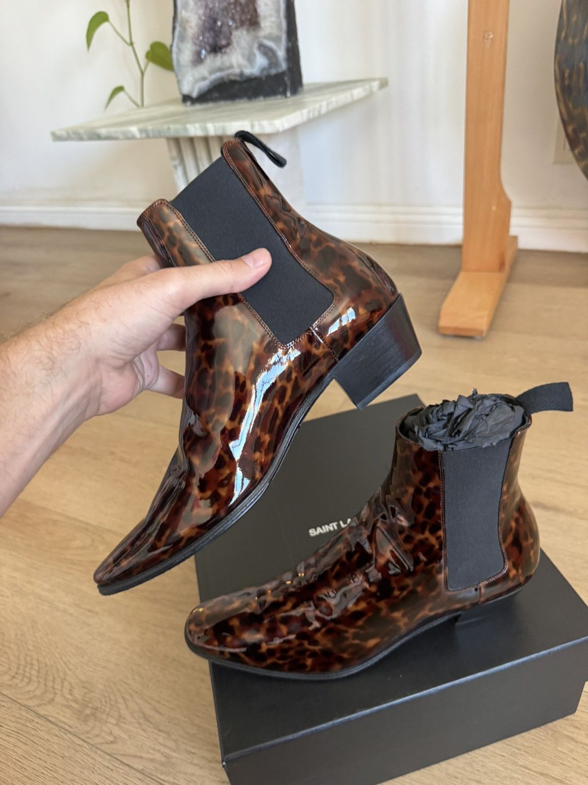 Saint Laurent Paris Dylan Tortoise Patent Chelsea Boots Size US 8 / EU 41 - 6 Thumbnail