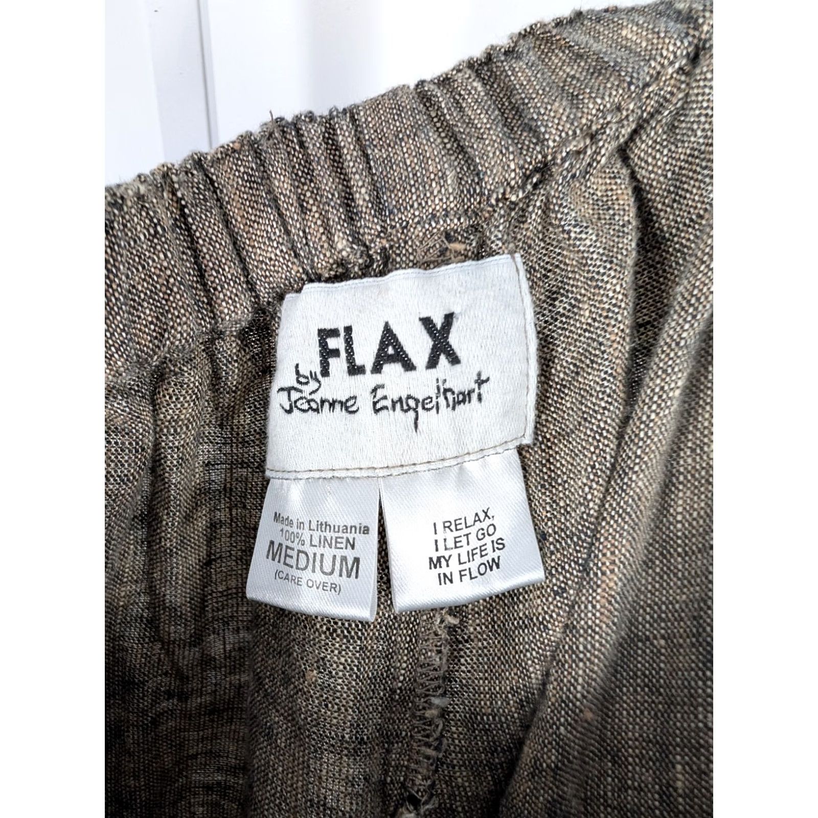 FLAX VINTAGE FLAX Pants Women Boho Linen Wide-Leg Elastic Waist 27" M Brown 90s Festival Hipster Beach Travel Workwear Comb Through 24" Inseam Size 27" / US 4 / IT 40 - 4 Thumbnail