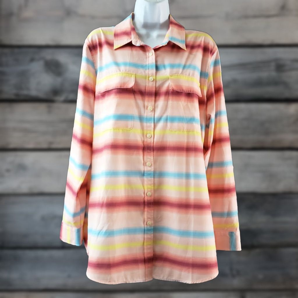 Lands' End Lands' End Womens Button Front Shirt Large Pink Blue Striped Long Sleeve Casual Shirt Womens L Pink Striped Button-Up 90s? Size L / US 10 / IT 46 - 1 Thumbnail