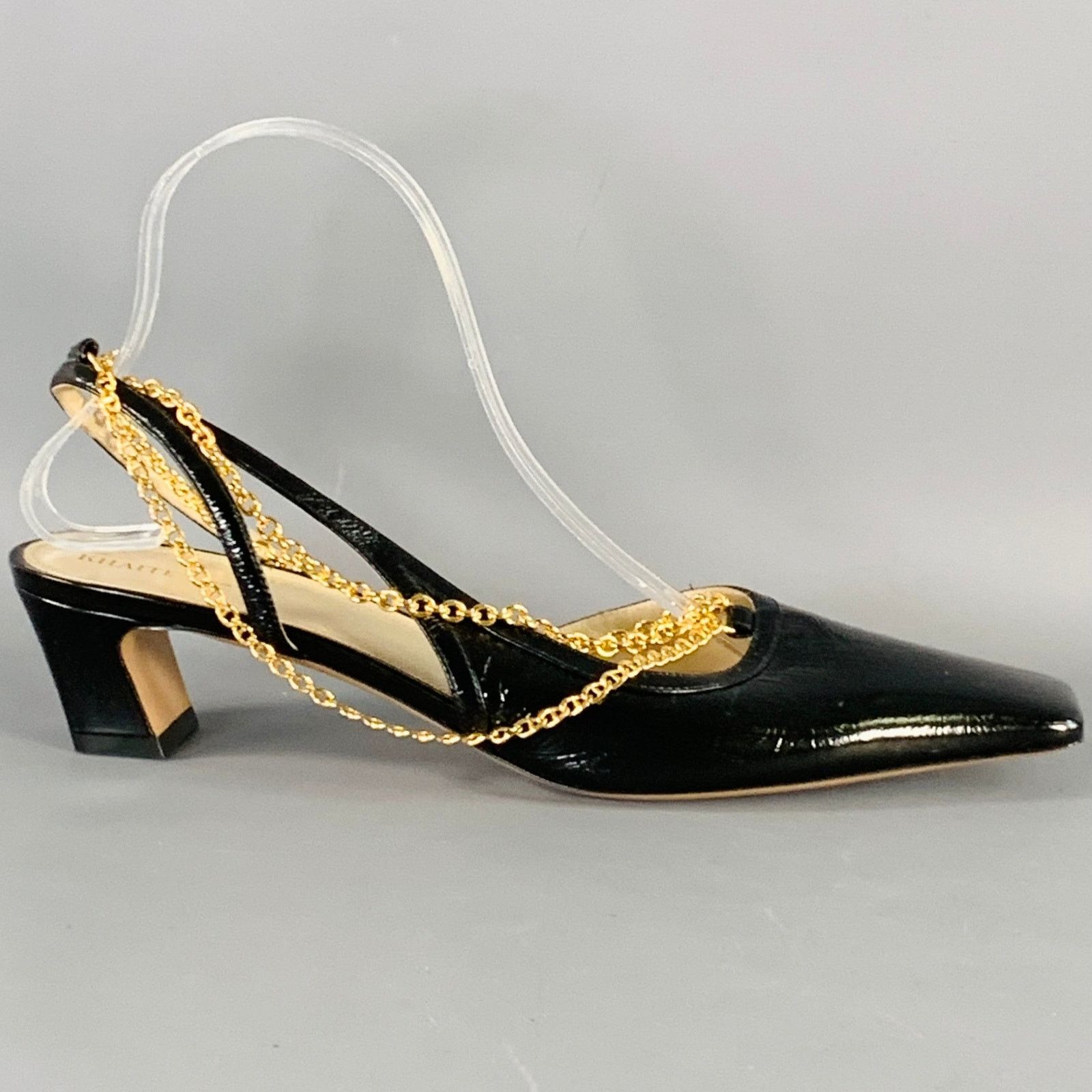 KHAITE Marfa Black Gold Leather Crinkled Chain Slingback Pumps Size US 9.5 / IT 39.5 - 2 Thumbnail