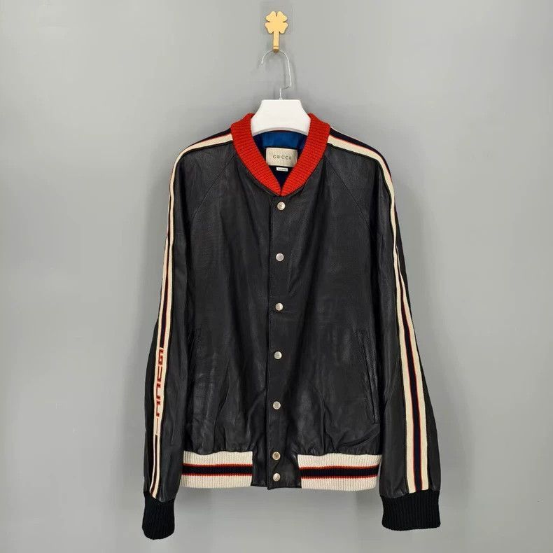 Gucci gucci black leather varsity jacket with stripes Size US L / EU 52-54 / 3 - 7 Thumbnail