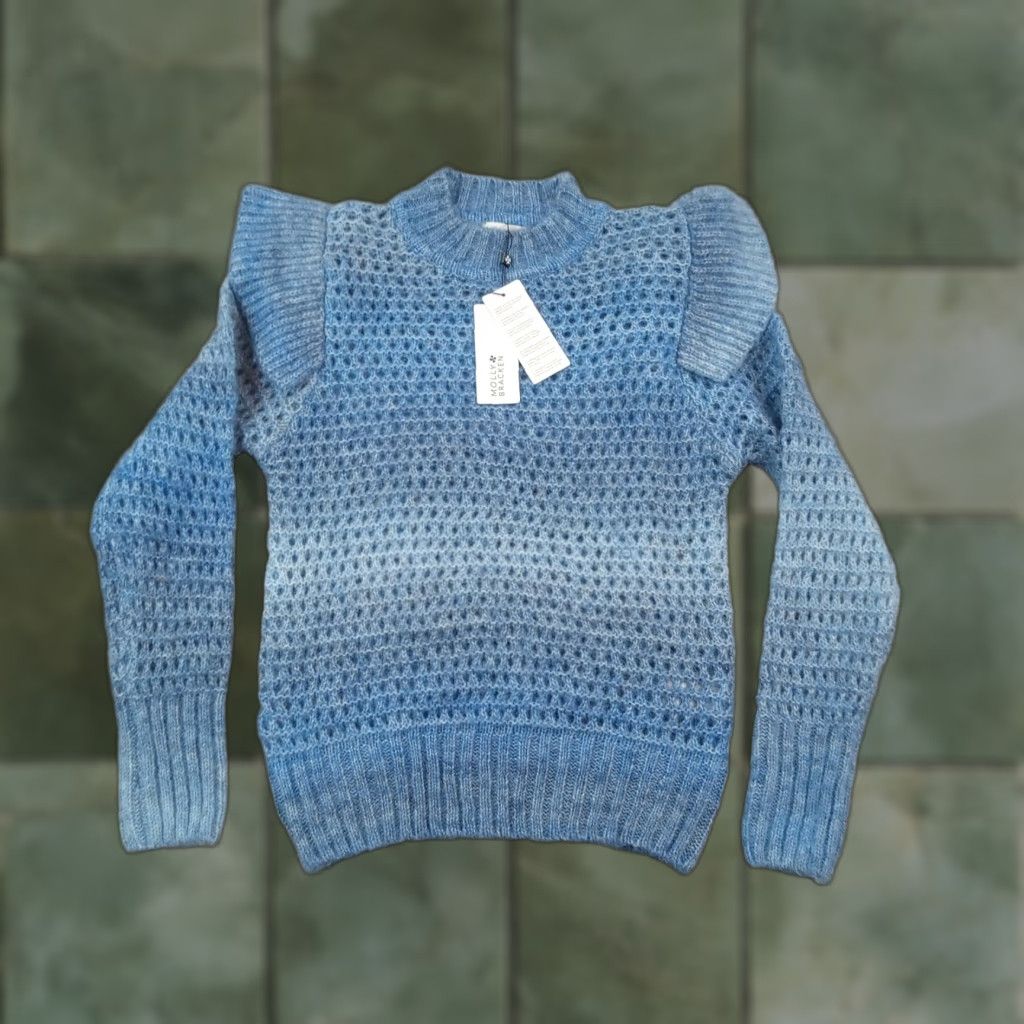 Vintage Molly Bracken Blue Ruffle Sweater Womens XS Long Sleeve Mock Neck Open Knit Acrylic Size XS / US 0-2 / IT 36-38 - 1 Thumbnail