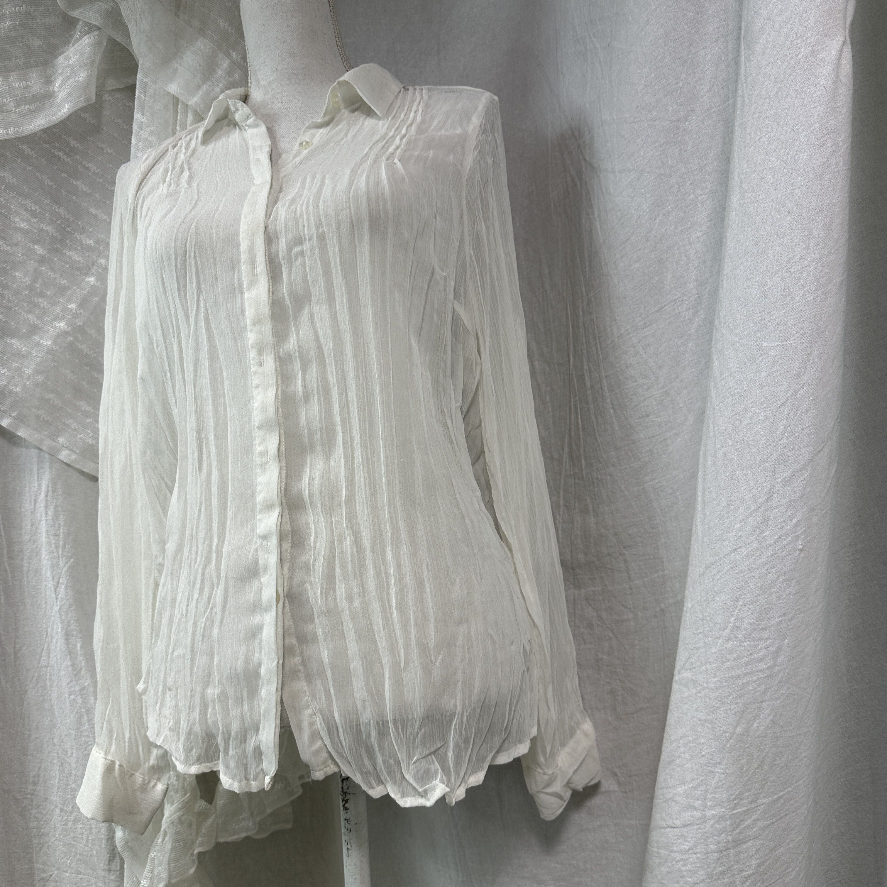 Vintage Vintage Avant Garde Striped White Sheer Mesh Shirt Y2K Size L / US 10 / IT 46 - 4 Thumbnail