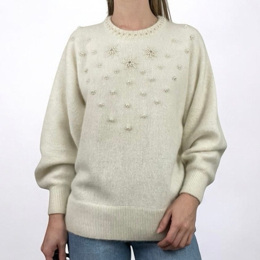 Other Eddie Dassin Vintage Cream Knit Embroidered Sweater Size M / US 6-8 / IT 42-44 - 1 Thumbnail