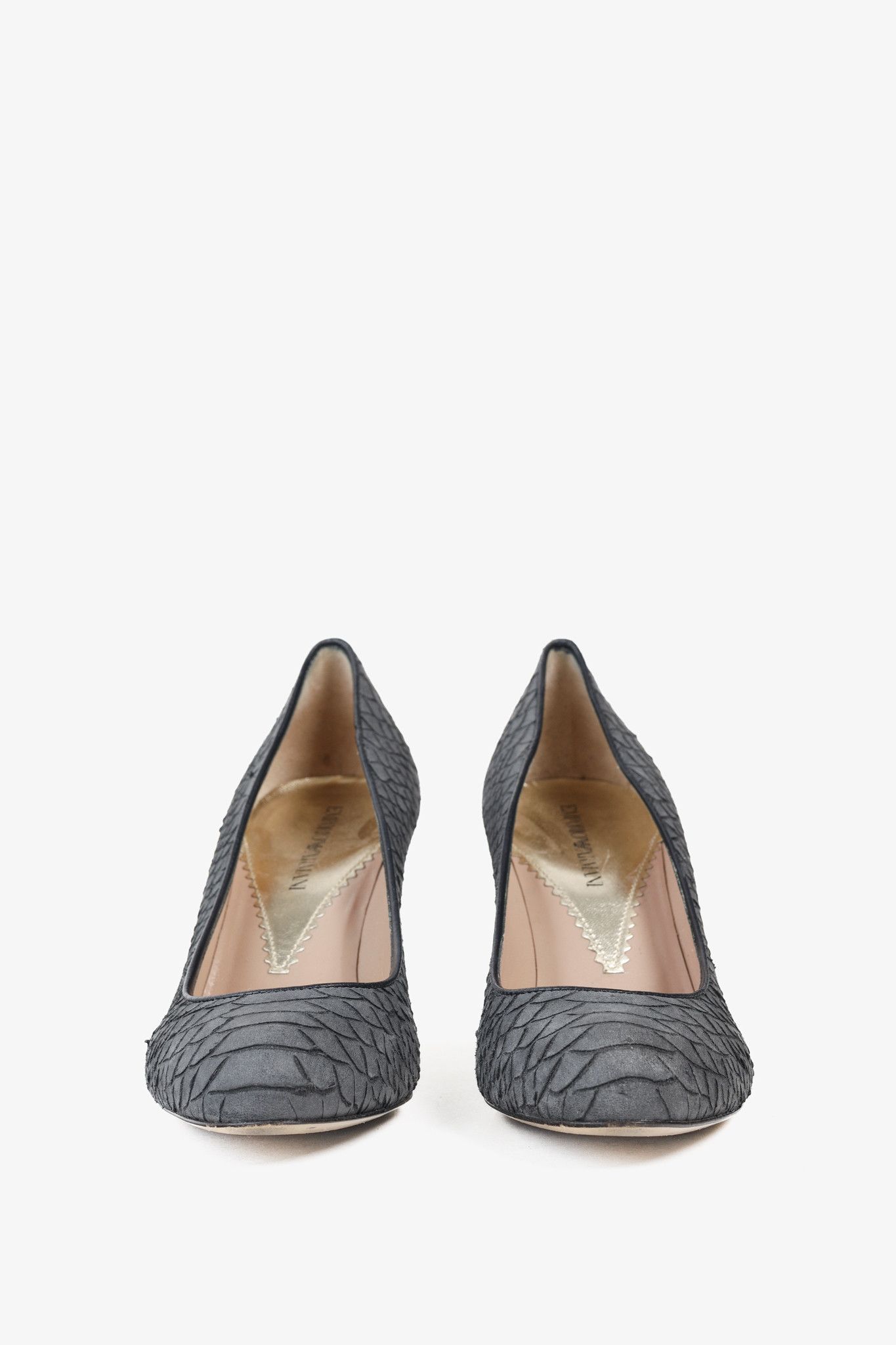 Emporio Armani Emporio Armani Snake Stamped Grey Leather Pumps Size US 7 / IT 37 - 2 Thumbnail