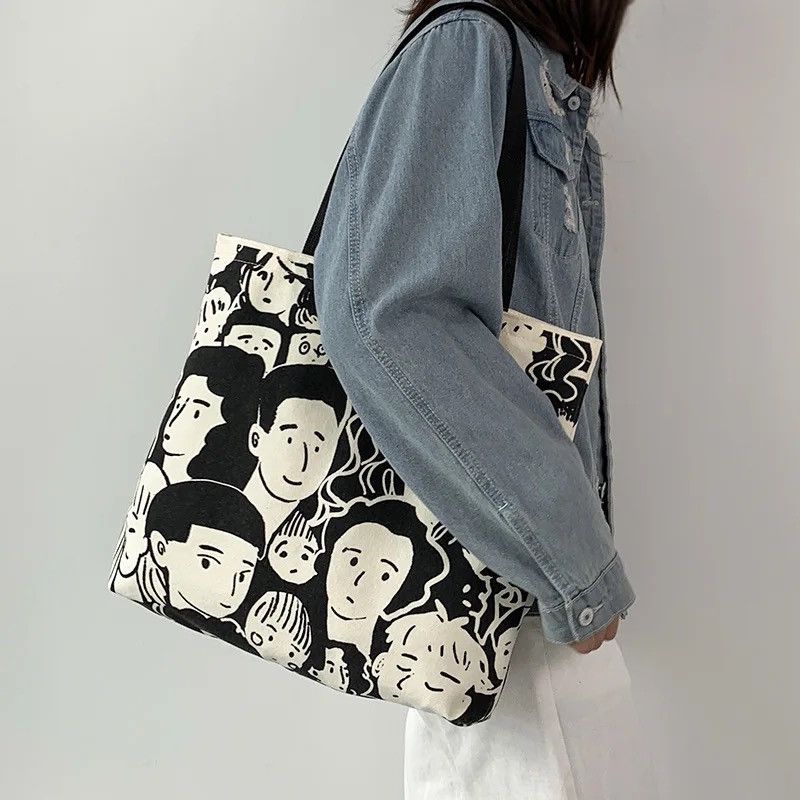 Japanese Brand Fashion y2k unisex cartoon portrait canvas tote bag Size ONE SIZE - 6 Thumbnail