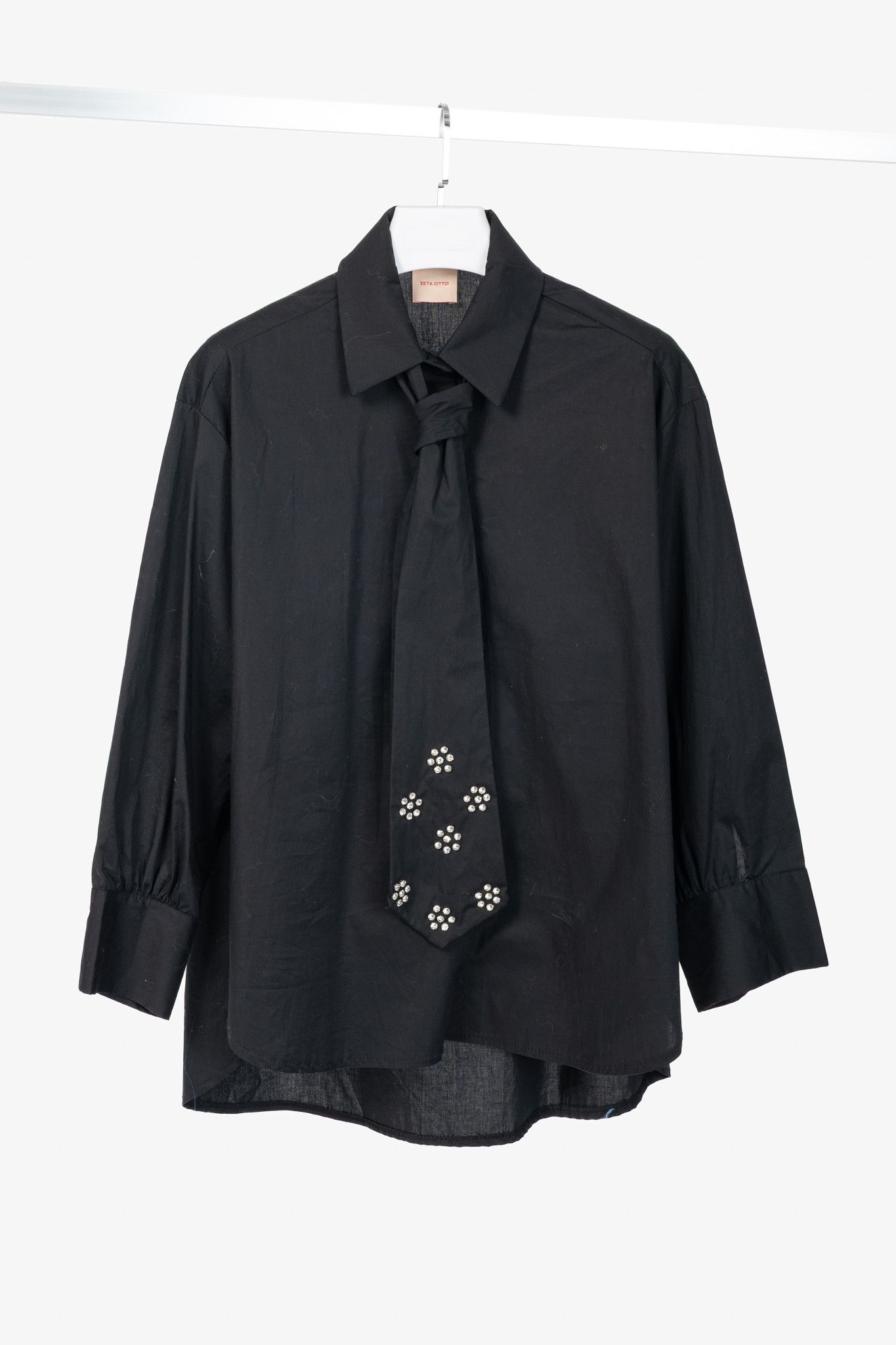Other Zeta Otto Black Cotton Poplin Embellished-Tie Buttoned Shirt Size XL / US 12-14 / IT 48-50 - 1 Thumbnail