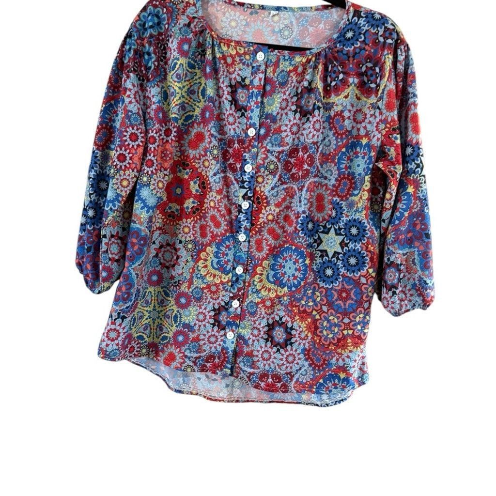 Other Vibrant Red and Blue Buttoned Blouse with 3/4 Sleeves Size L / US 10 / IT 46 - 1 Thumbnail