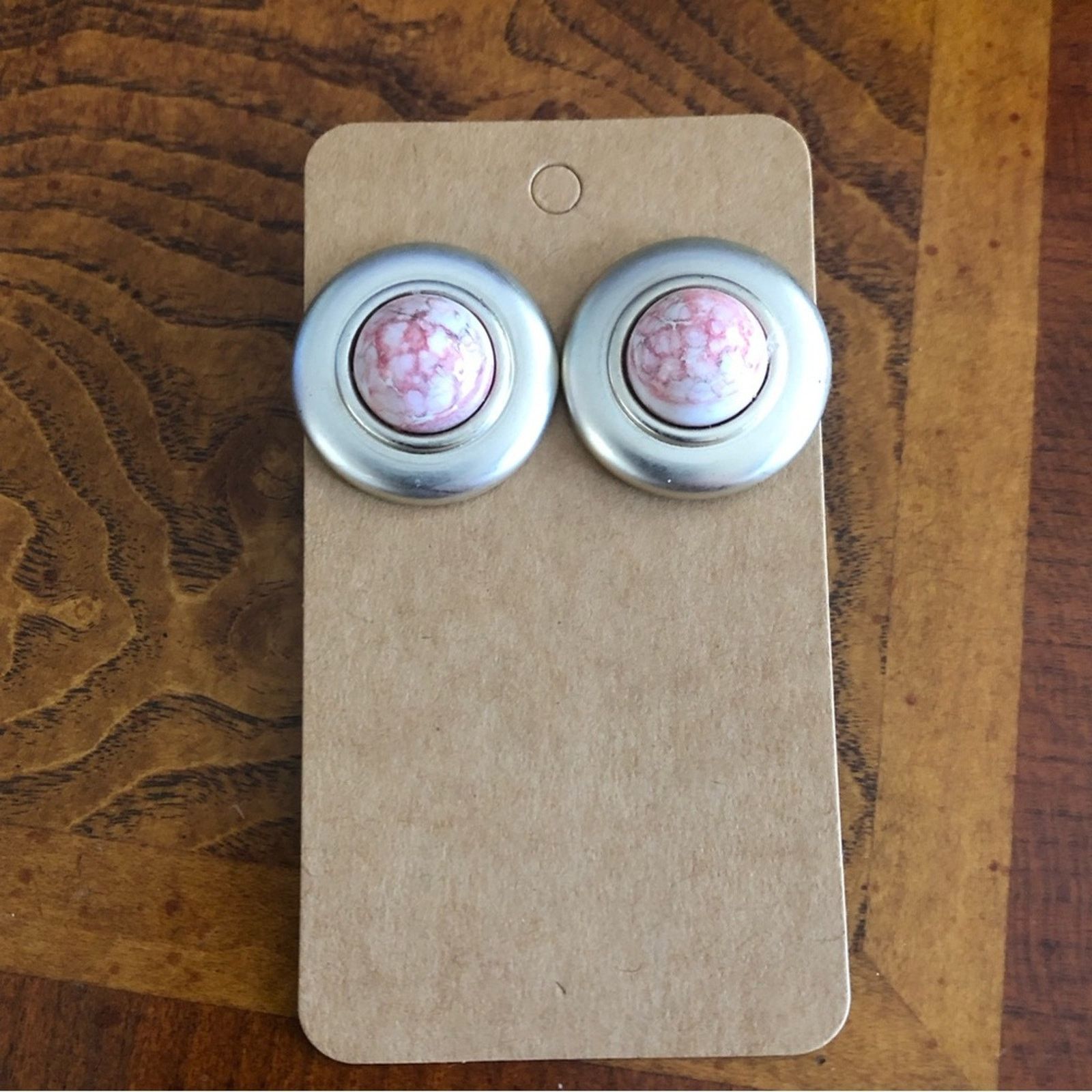 Jewelry Pink Marble Cabochon Matte Silver Pierced Earrings, Women's