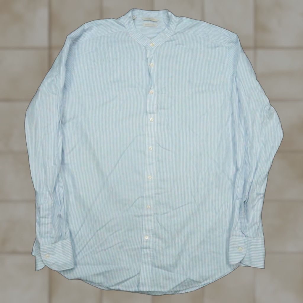 Suitsupply Shirt Mens XL Blue Striped Cotton Mandarin Collar Slim