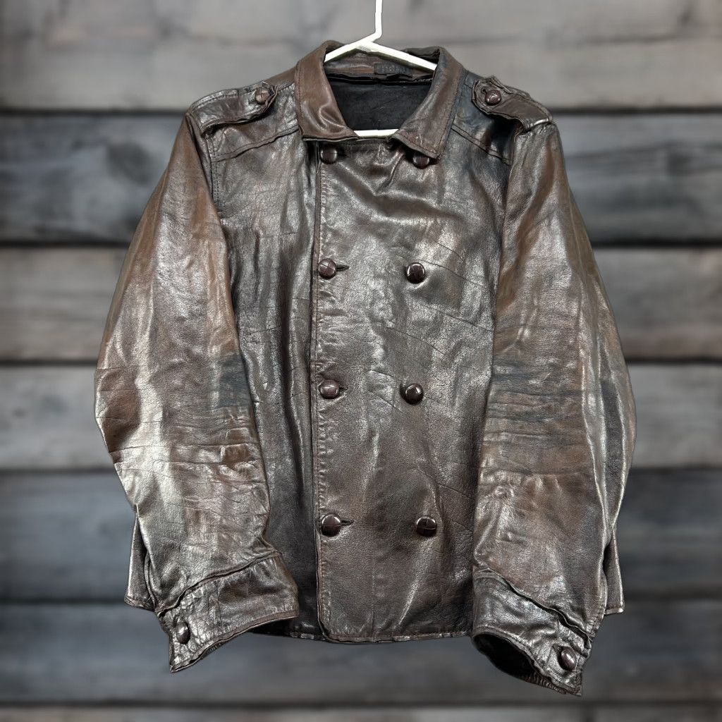 Vintage VINTAGE Barneys New York Coat Mens L Brown Leather Swedish Style WWII Heavy Patina Italy Leather Lined Pea Coat 90s Mens Size US L / EU 52-54 / 3 - 1 Thumbnail