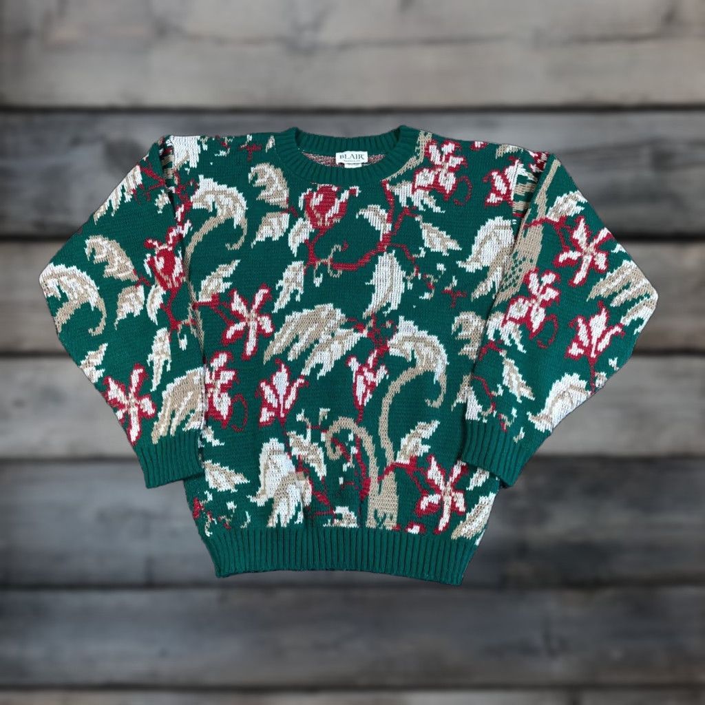 Blair VINTAGE Blair Women's Sweater 14 Medium Pullover Knit Floral Leaf Pattern Crew Neck Fall Winter Green Size M / US 6-8 / IT 42-44 - 1 Thumbnail
