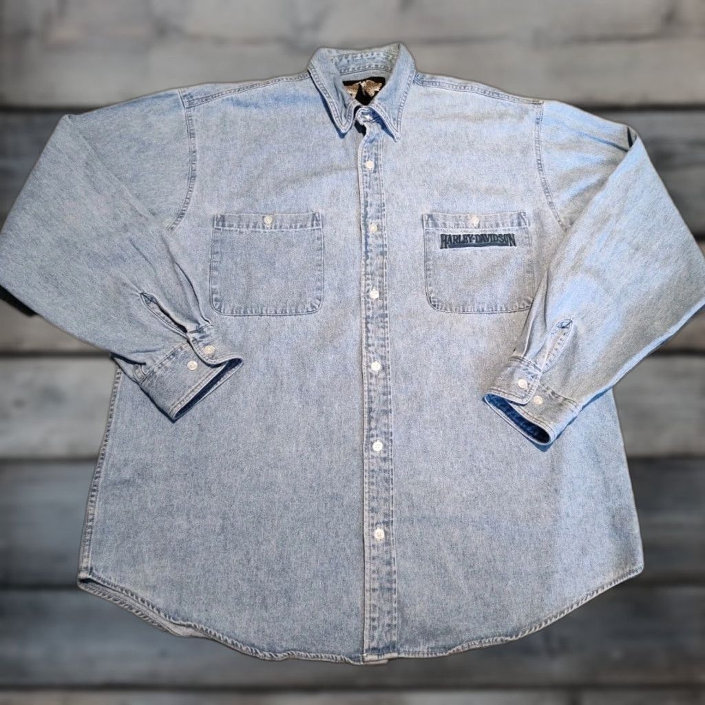 Harley Davidson VINTAGE Harley-Davidson Shirt Mens XL Denim Embroidered Blue 90s Casual Rock Motorcycles Breakthrough Favorite Mens XL Blue Denim Shirt Size US XL / EU 56 / 4 - 1 Thumbnail