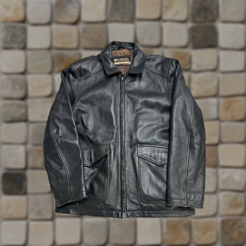 VINTAGE Columbia Motorsports Moto Jacket Men XL Black Leather Heavy
