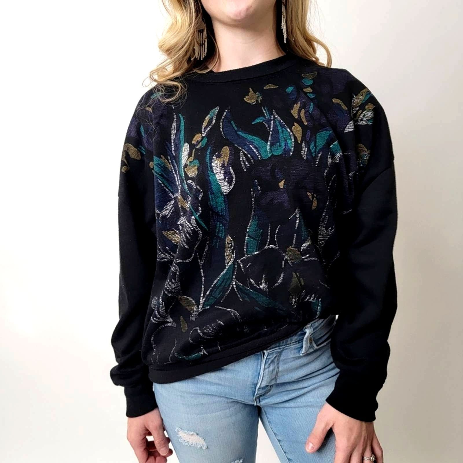 Vintage Vintage 90s Black Muted Floral Sweatshirt Size M / US 6-8 / IT 42-44 - 4 Thumbnail