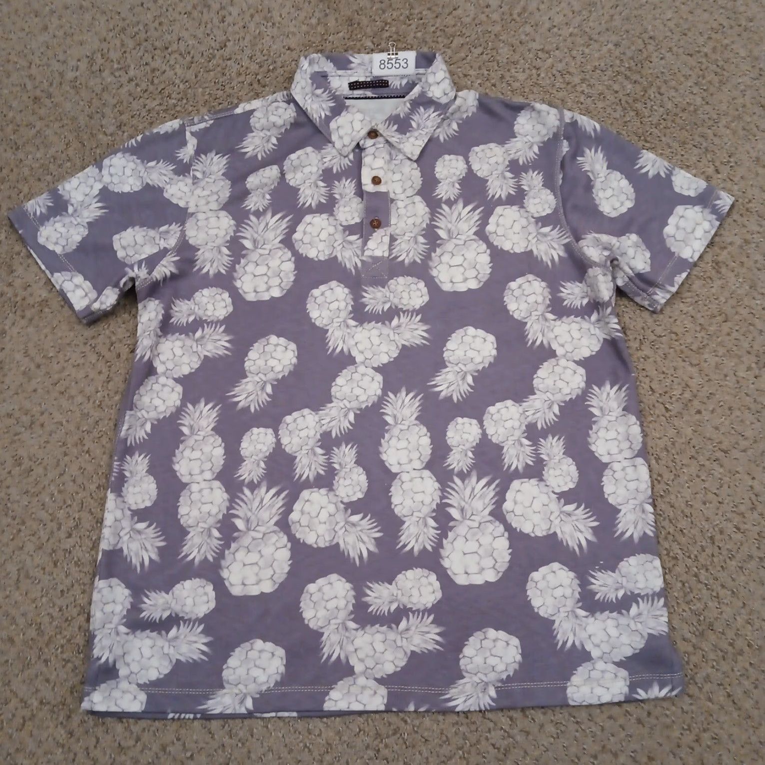 Vintage Visitor Polo Shirt Mens Large Purple Pineapple Pattern Short Sleeve Modal Blend Size US L / EU 52-54 / 3 - 2 Thumbnail