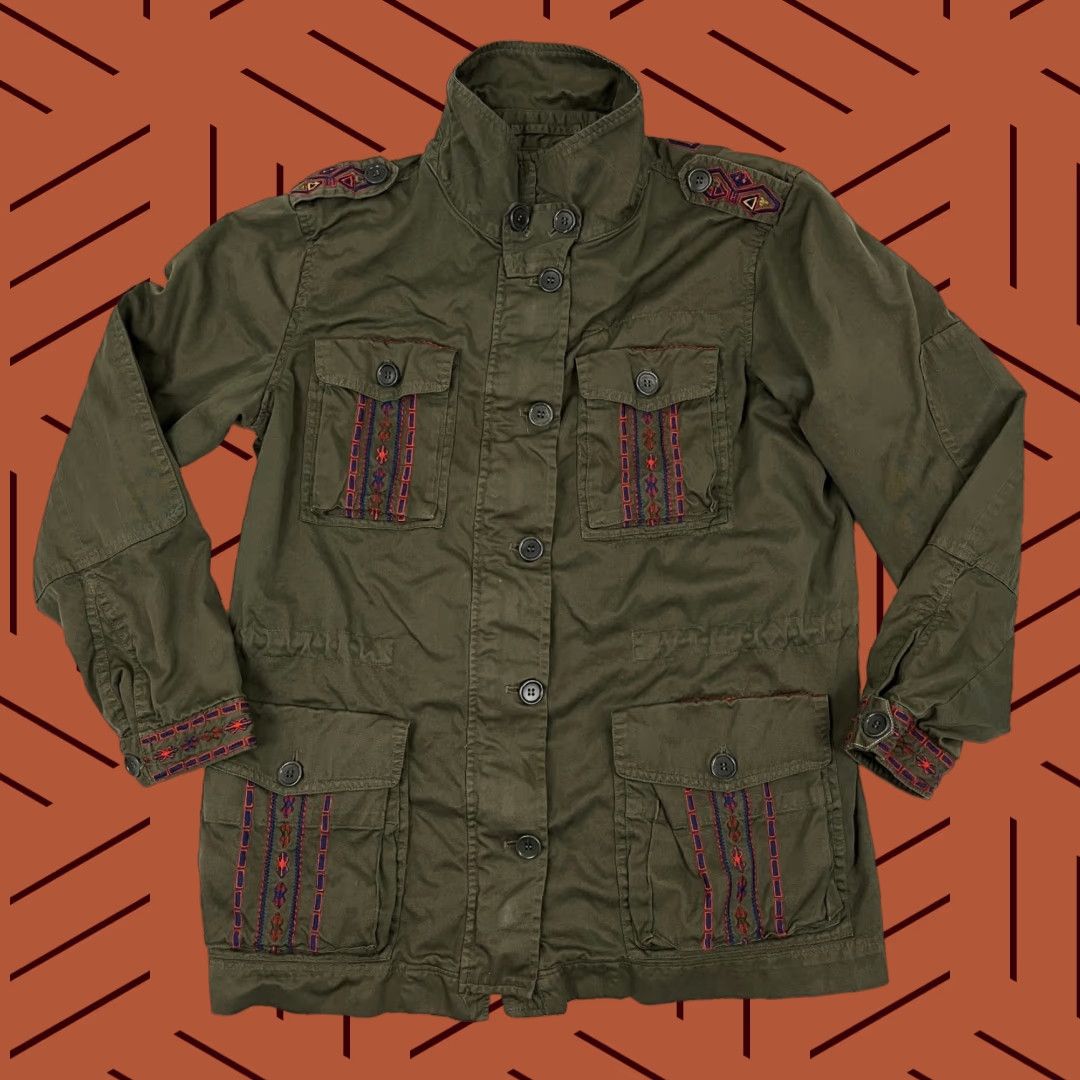 Johnny Was April Army Jacket Womens Large Green Floral Embroidered Boho Military Overcoat