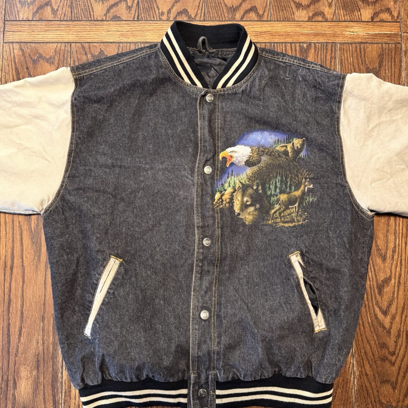 Vintage VINTAGE VTG Wildlife Jon Lauren Apparel Denim Varsity Bomber Jacket Men’s XL Wolf Buck Size US L / EU 52-54 / 3 - 5 Thumbnail