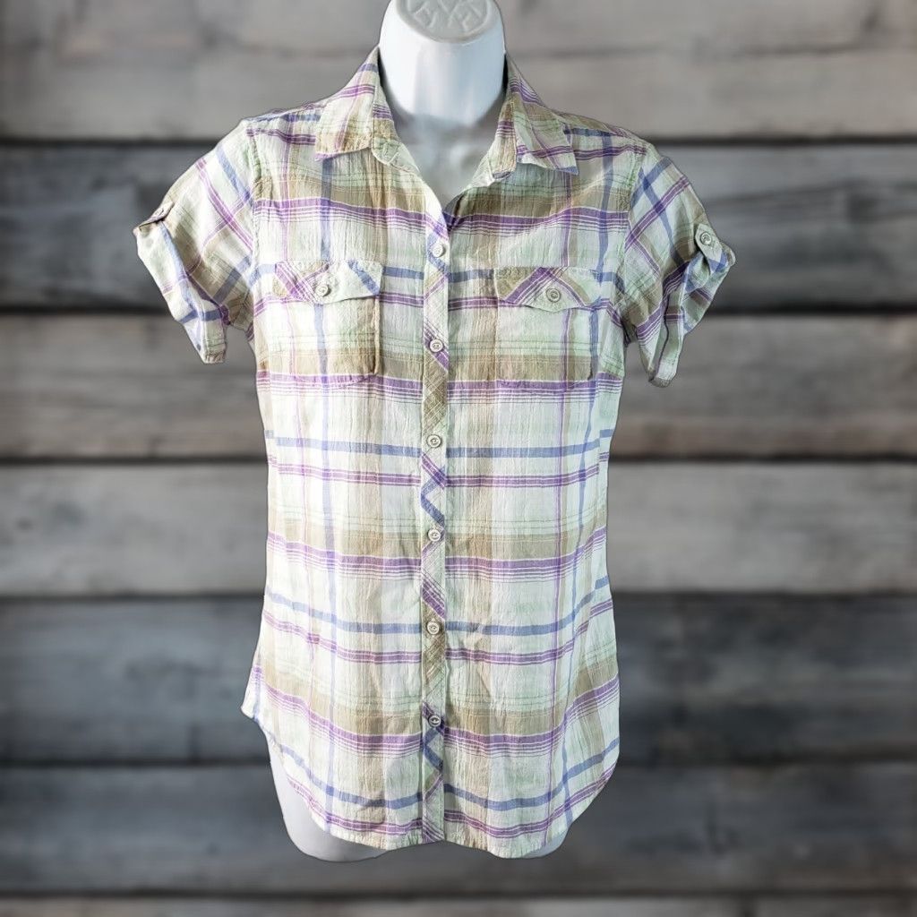 Eddie Bauer Eddie Bauer Button Front Shirt XS Womens Plaid Cotton Blend Green Purple Shaped Fit Short Sleeve Collared Button-Up Vintage No Size XS / US 0-2 / IT 36-38 - 1 Thumbnail
