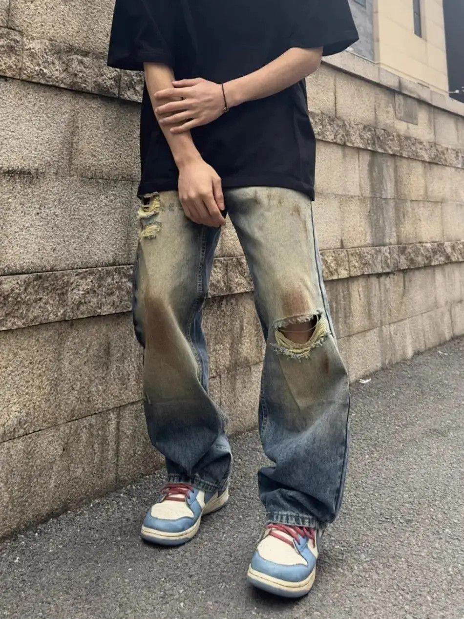 Japanese Brand Retro loose fitting straight leg distressed jeans Size US 32 / EU 48 - 2 Thumbnail