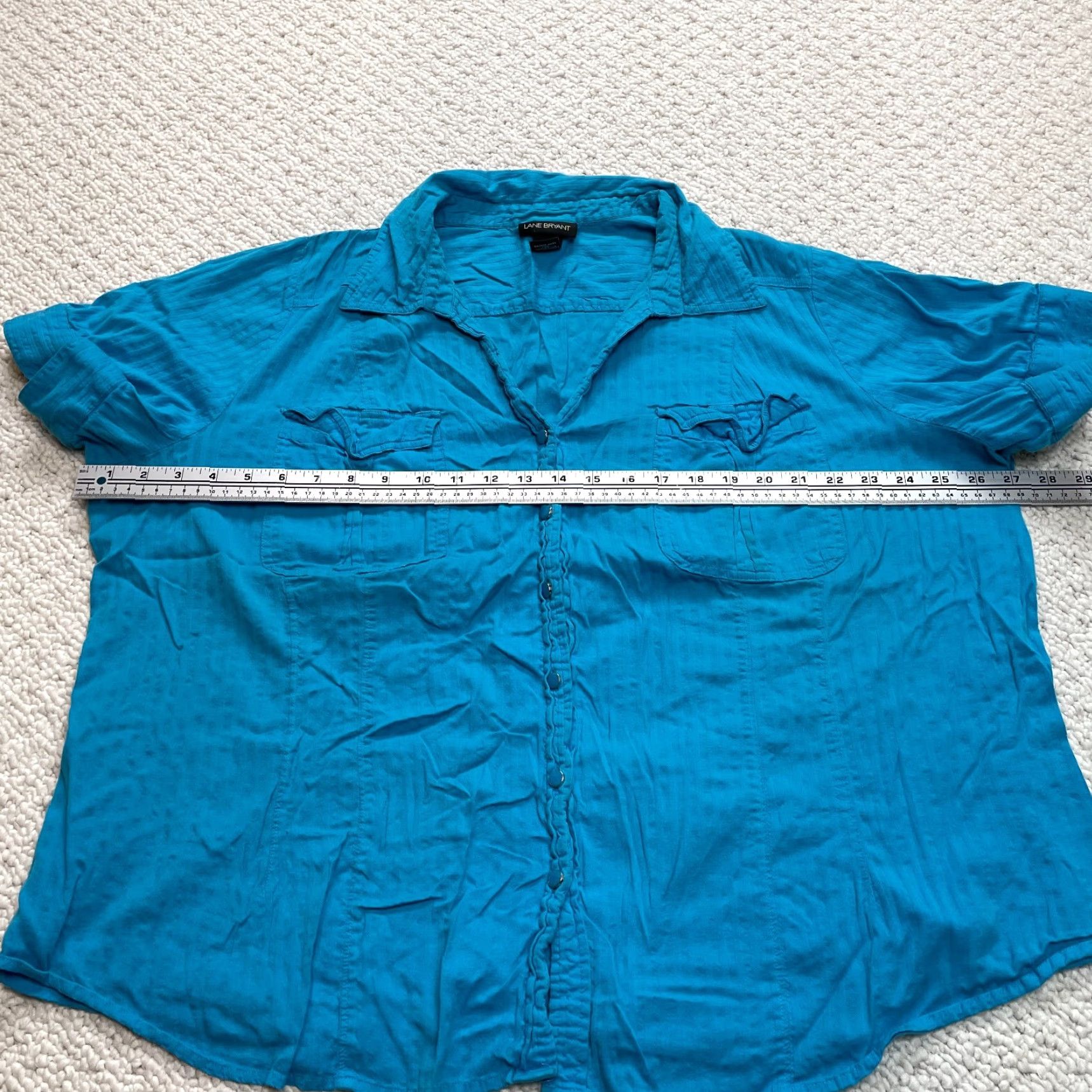 Vintage Lane Bryant Button-Up Shirt Womens 26 Blue Solid Short Sleeve Pockets Casual 26W Blue Cotton Polyester Knit Buttoned Size 4XL / US 24-26 - 3 Thumbnail