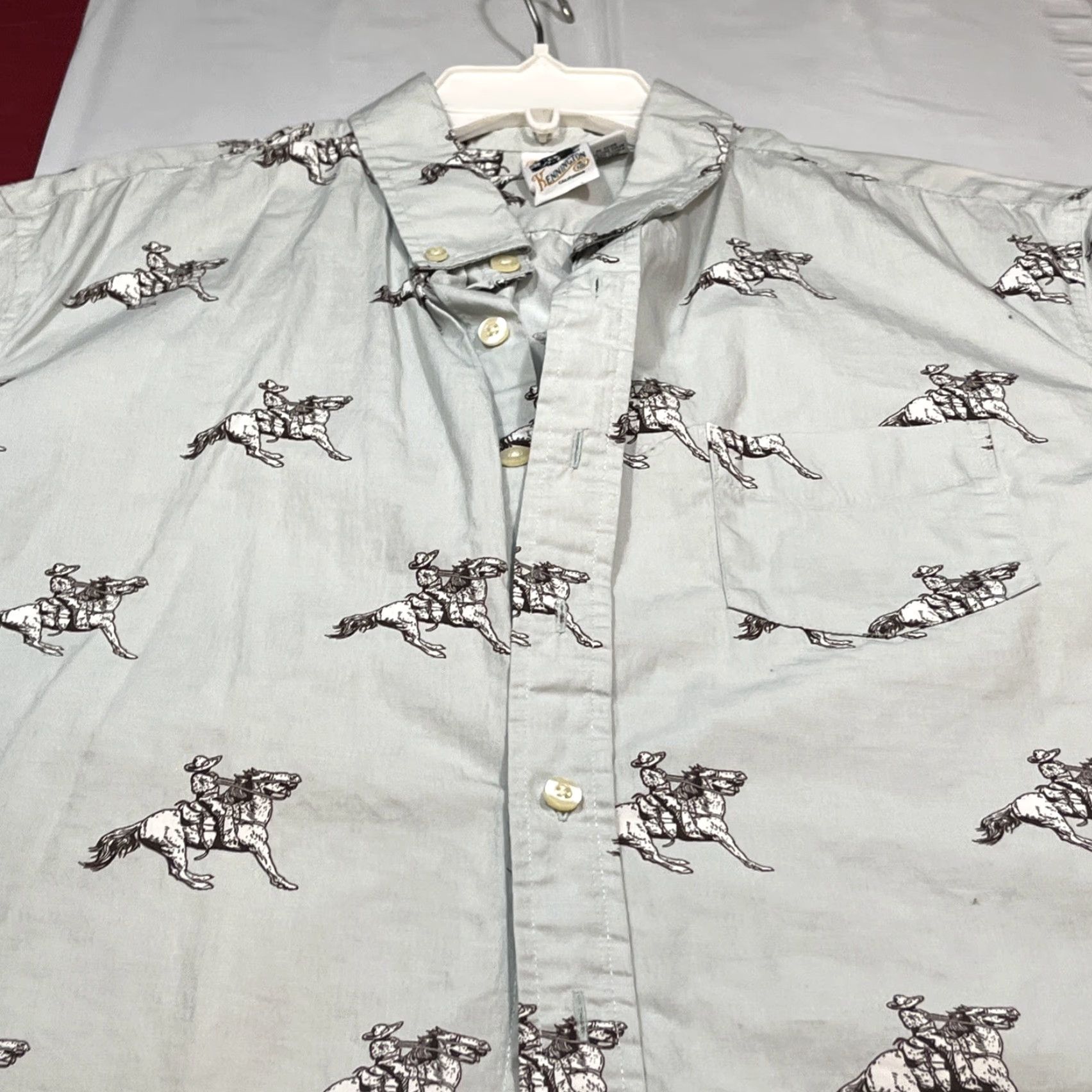 Vintage Kennington Shirt Men’s 2XL Short Sleeve Button-Up Western COWBOY HORSE Cotton 2X Very Light Green Retro 90s Beach Outdoor Pockets Mens Size US XXL / EU 58 / 5 - 4 Thumbnail