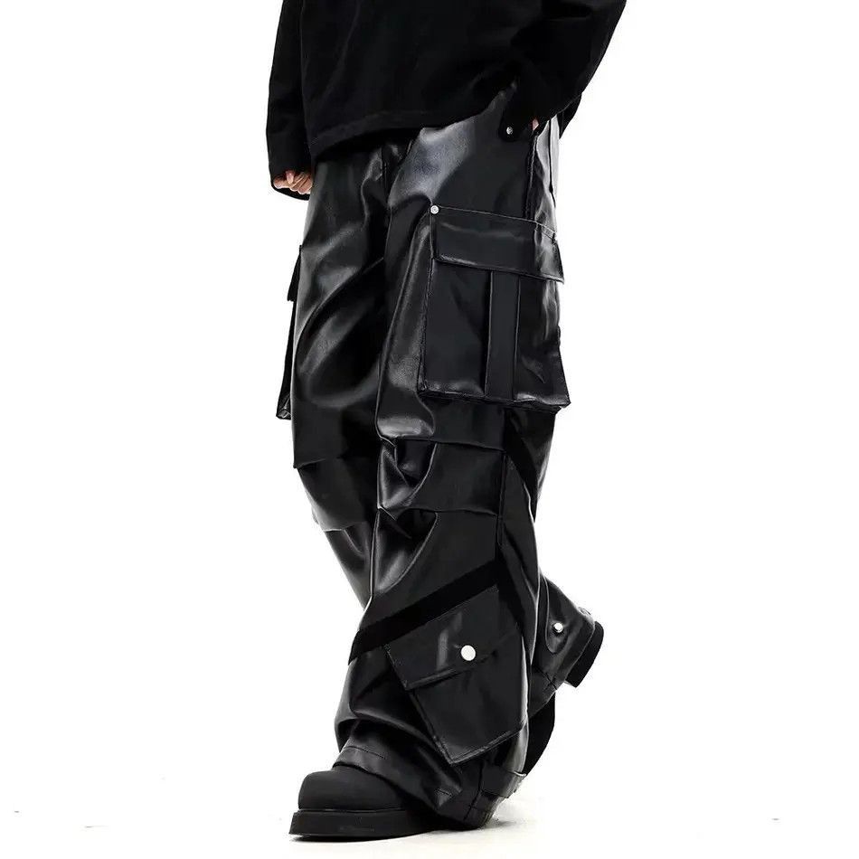 Japanese Brand Black Baggy Cargo PU Leather Jeans Size US 32 / EU 48 - 4 Thumbnail
