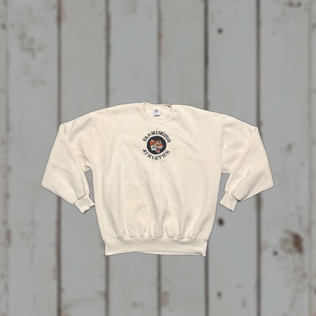 Jerzees VINTAGE Jerzees Farmington High-school Tigers Logo Sweatshirt XL White USA UNISEX Adults, Sweatshirt, Logo, Vintage, 90s? Size US XL / EU 56 / 4 - 1 Thumbnail