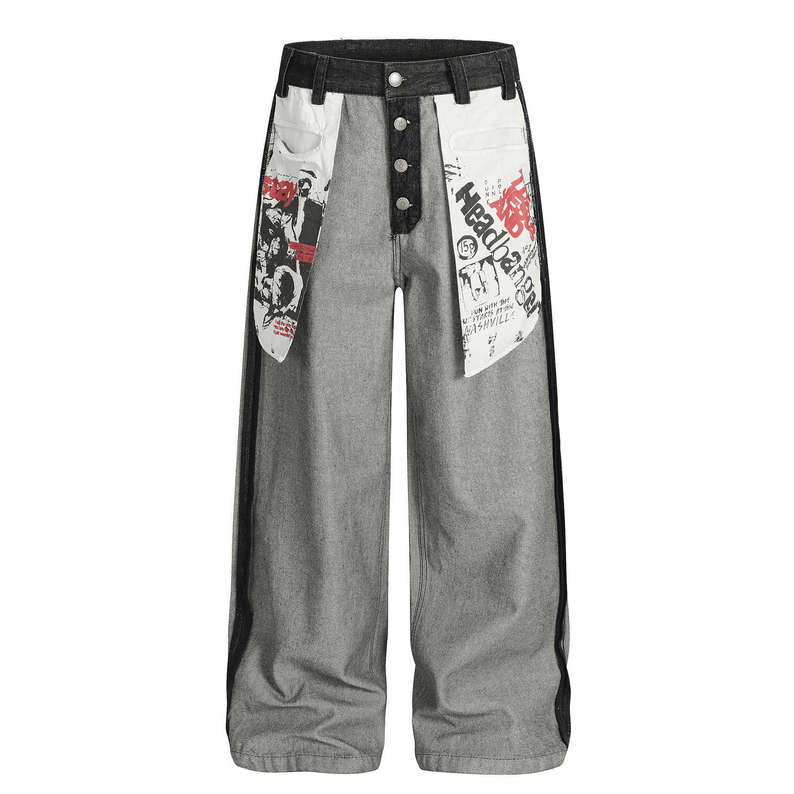 Japanese Brand Gray Black Wide Leg Denim Jeans, Graphic Patch Jeans Size US 30 / EU 46 - 1 Thumbnail
