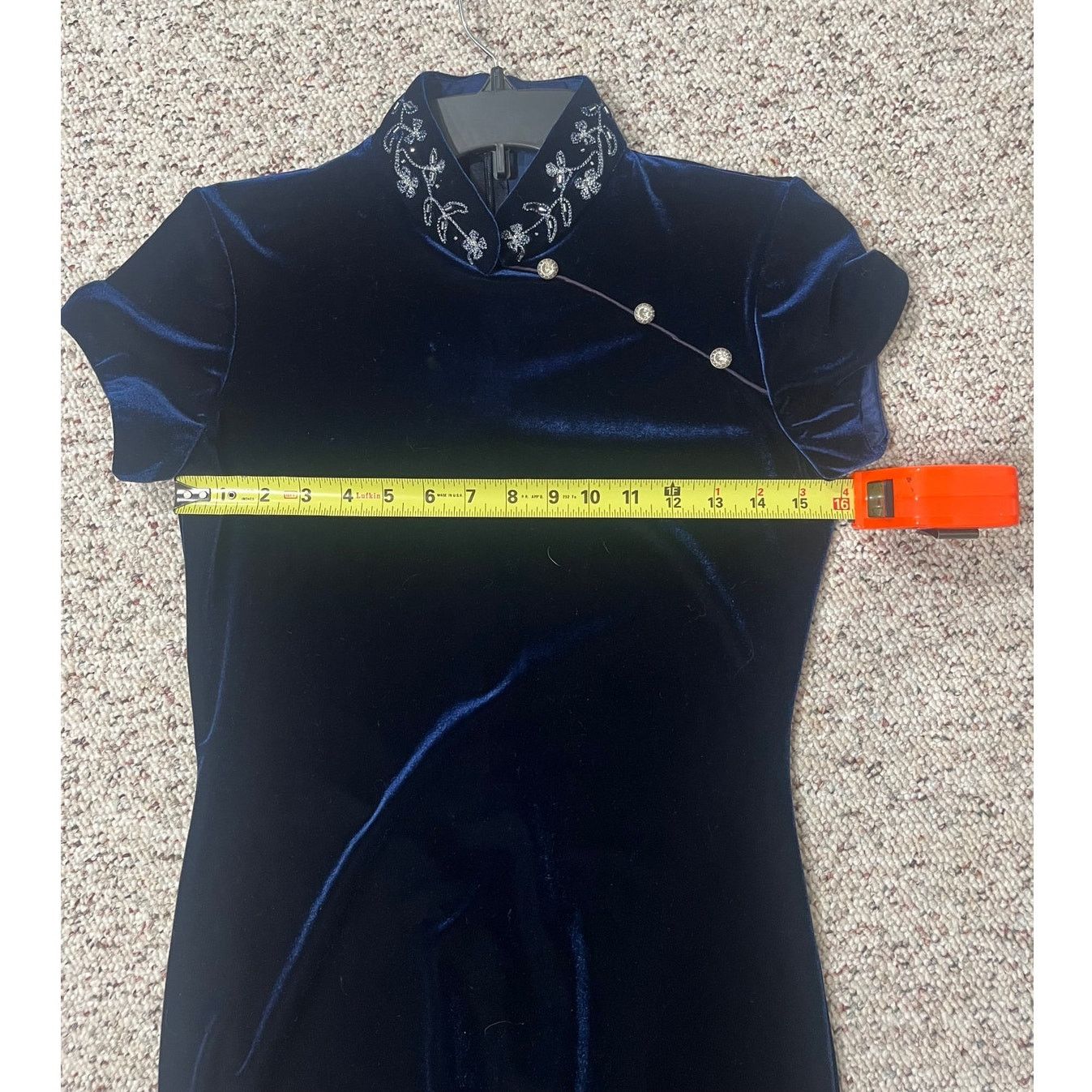 Vintage Cheongsam Dress Mandarin Collar Chinese Navy Blue Velvet 6 Size M / US 6-8 / IT 42-44 - 5 Thumbnail