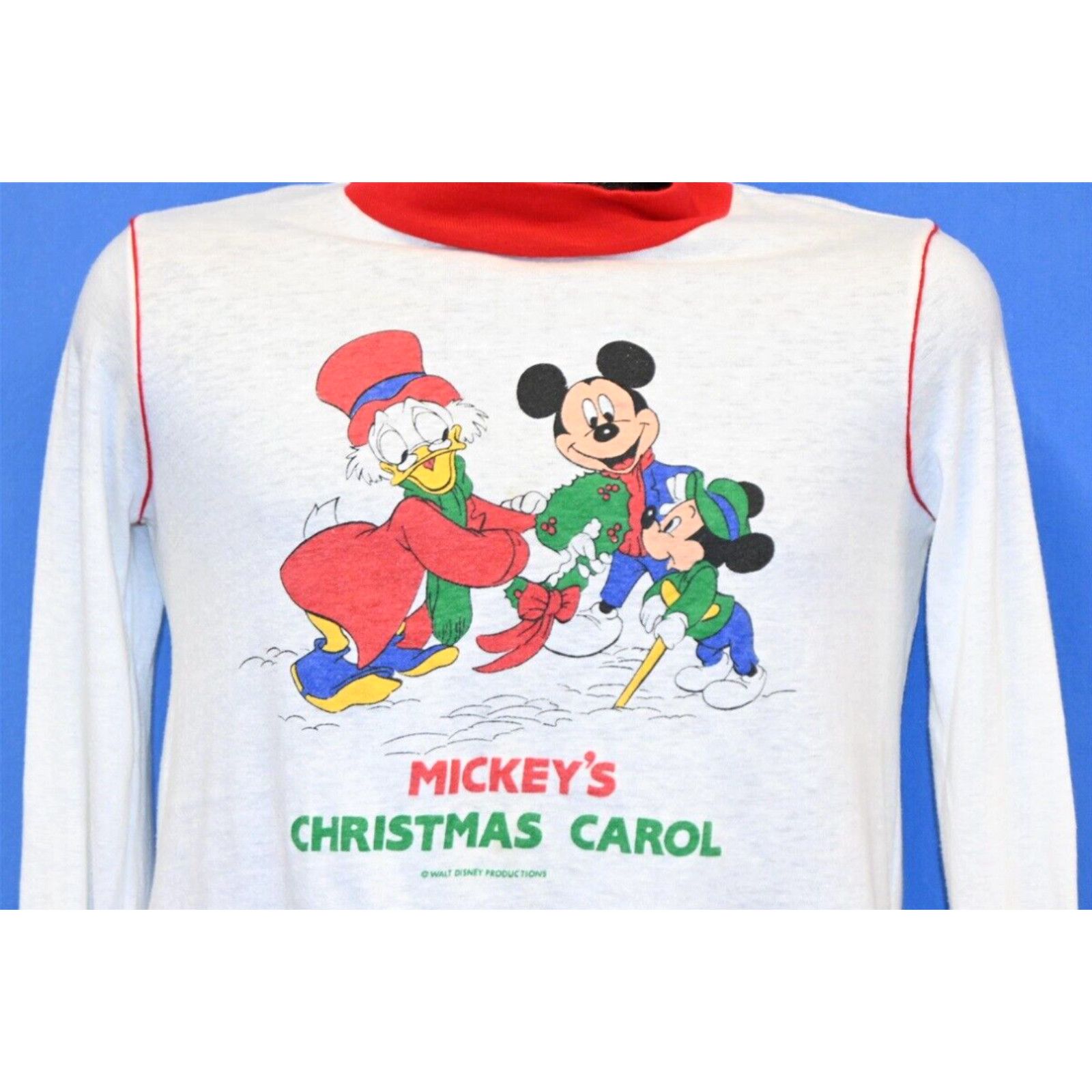 image of Vintage 80's Mickey Mouse Christmas Carol Disney Mock Neck T-Shirt Youth Small S in White, Men's