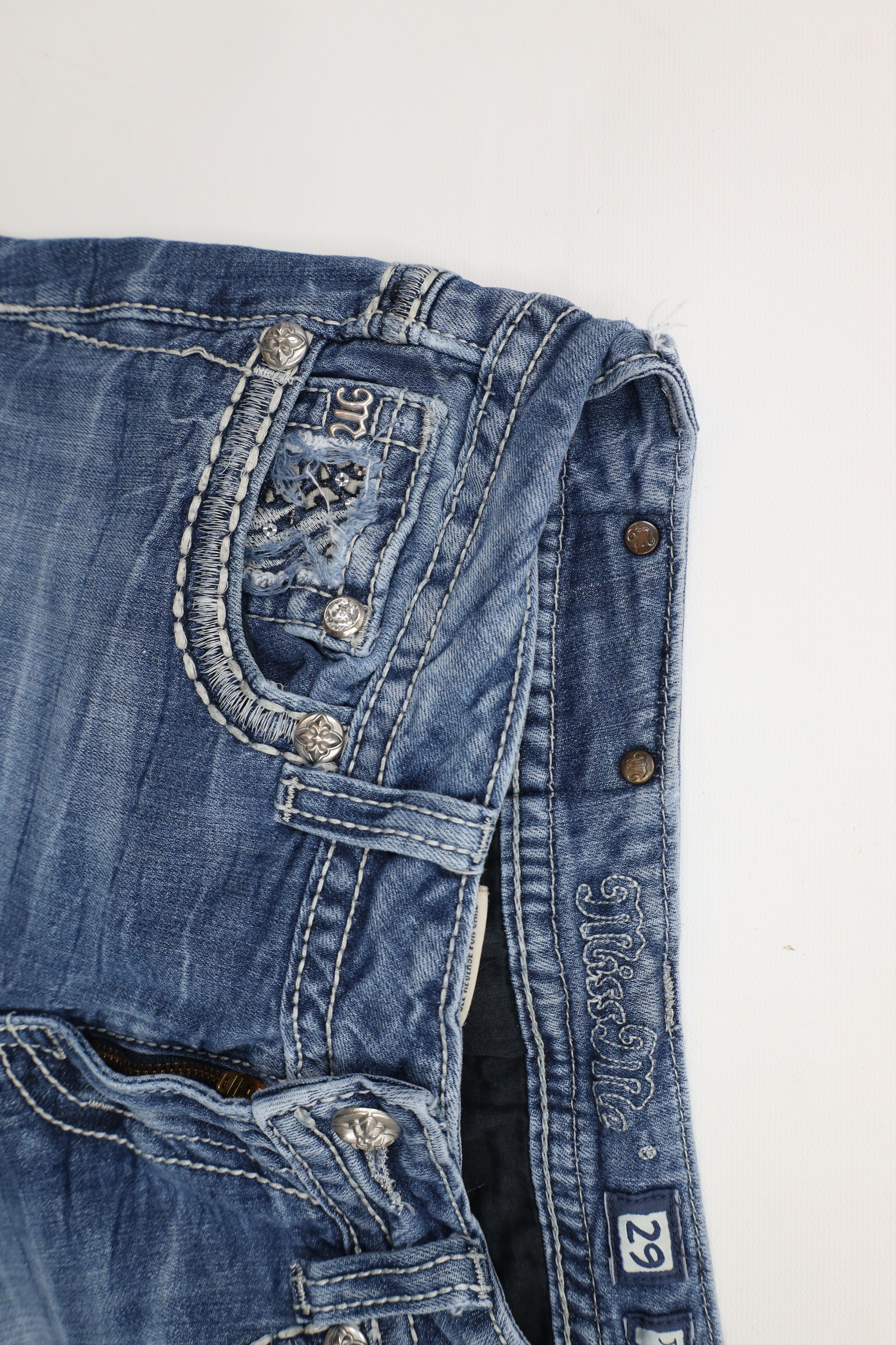 Miss Me × Vintage Miss Me Stitch Sequin Wide Leg Boot Cut Denim Jeans Blue Size 29" - 8 Thumbnail