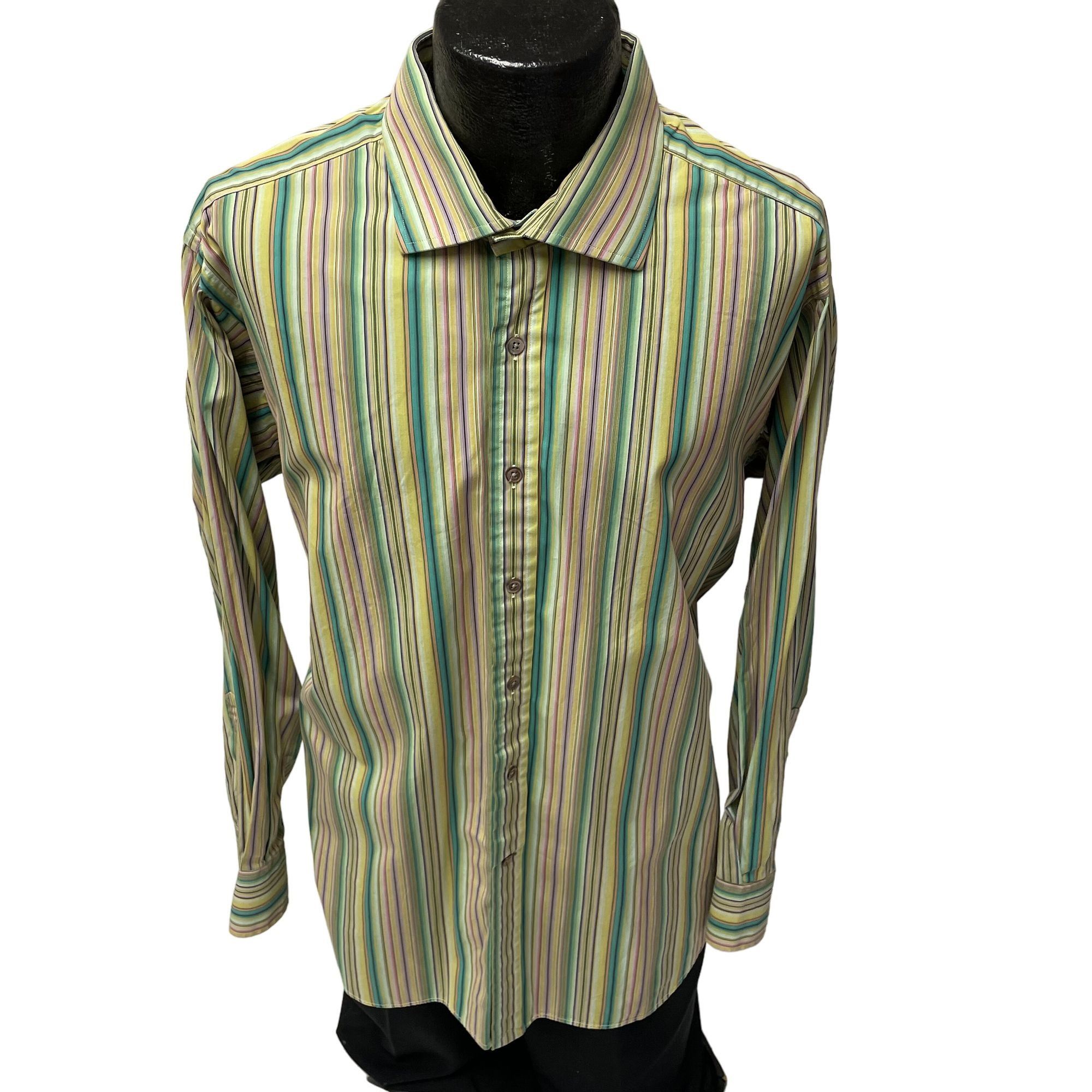 Ike Behar Ike Behar Trim Fit Green RAINBOW CANDY Stripe Dress Shirt Size US XL / EU 56 / 4 - 1 Thumbnail