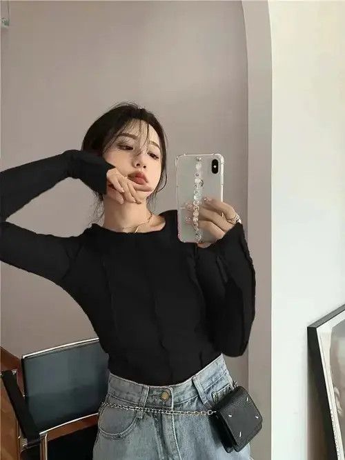 Japanese Brand × Vintage Women Spring Long Sleeve T-shirts Solid O-Neck Size ONE SIZE - 3 Thumbnail