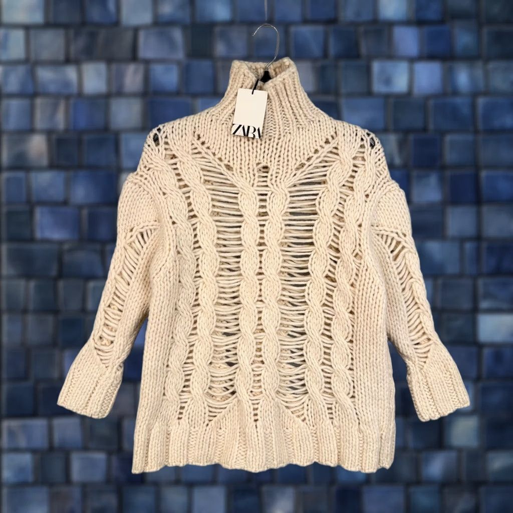 Zara Zara Sweater Womens Small White Open Cable Knit Turtleneck Chunky Pullover NWT Size S / US 4 / IT 40 - 1 Thumbnail