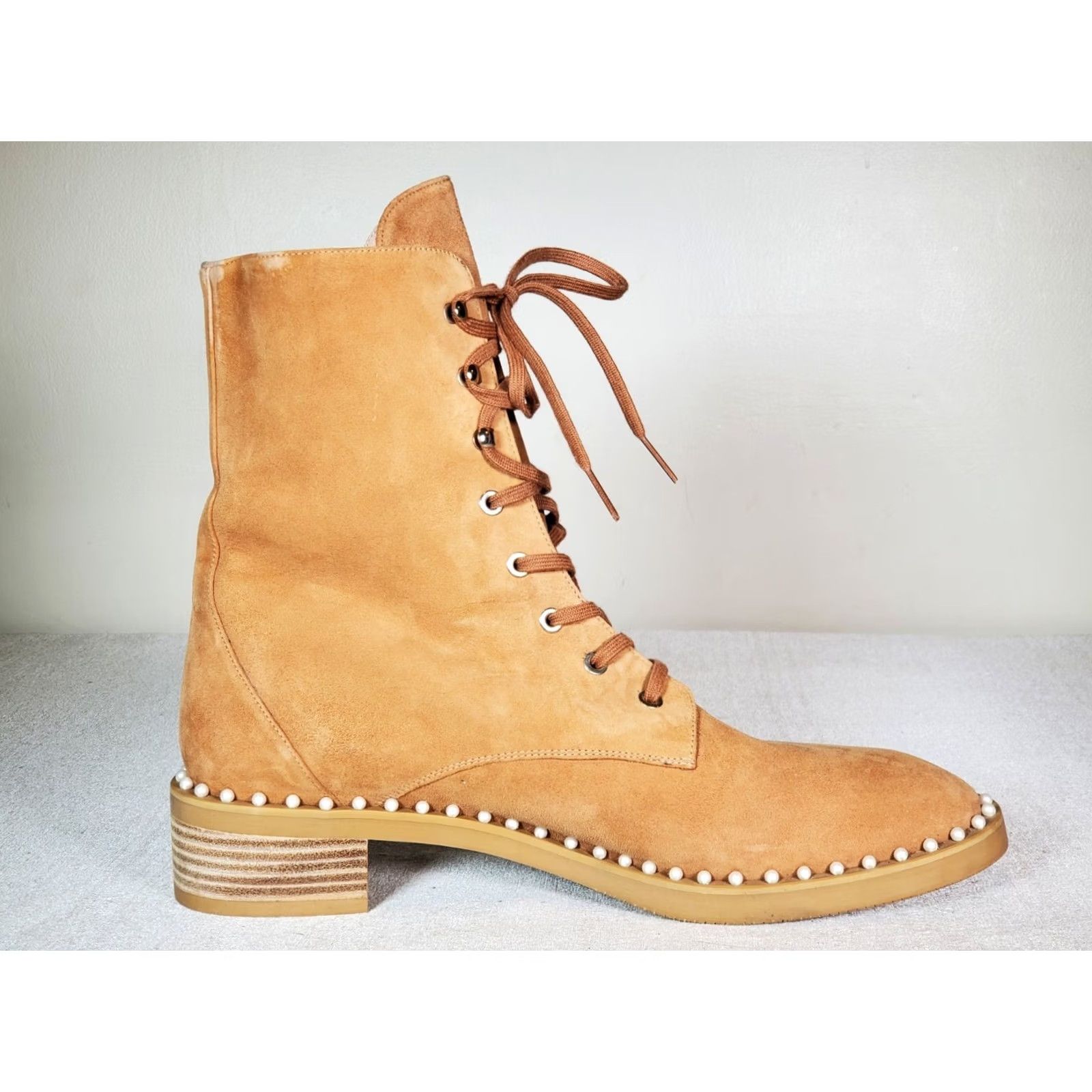 Stuart Weitzman Stuart Weitzman Sondra Pearl Embellished Suede Combat Boots Women's US 11.5 B Tan Leather Lined Lace Up Round Toe, Platform/City, EUC Size US 12 / IT 42 - 4 Thumbnail
