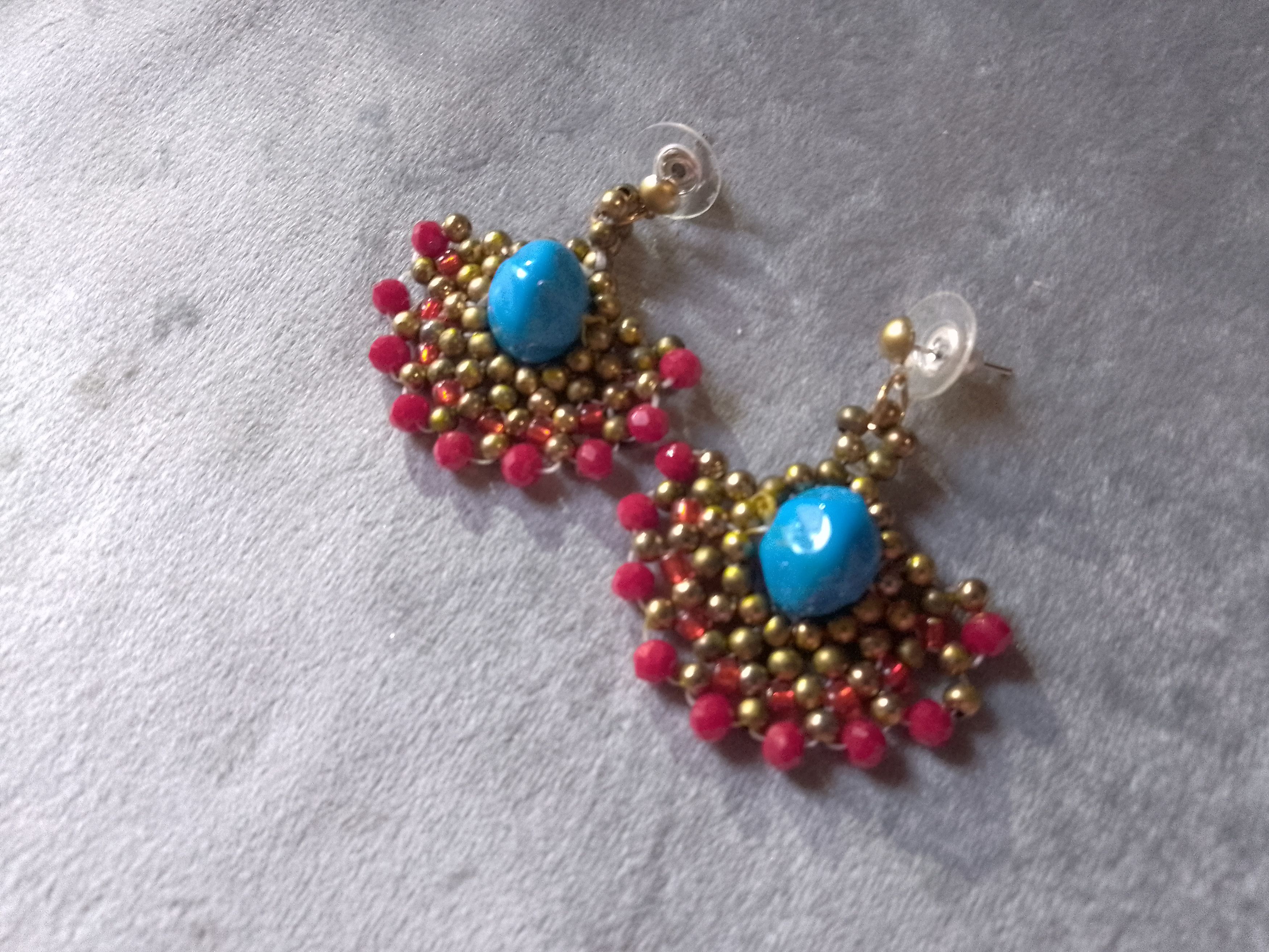 Handmade Necklace Earrings Vintage. Red crystals Blue resin. Pendant Size ONE SIZE - 2 Thumbnail