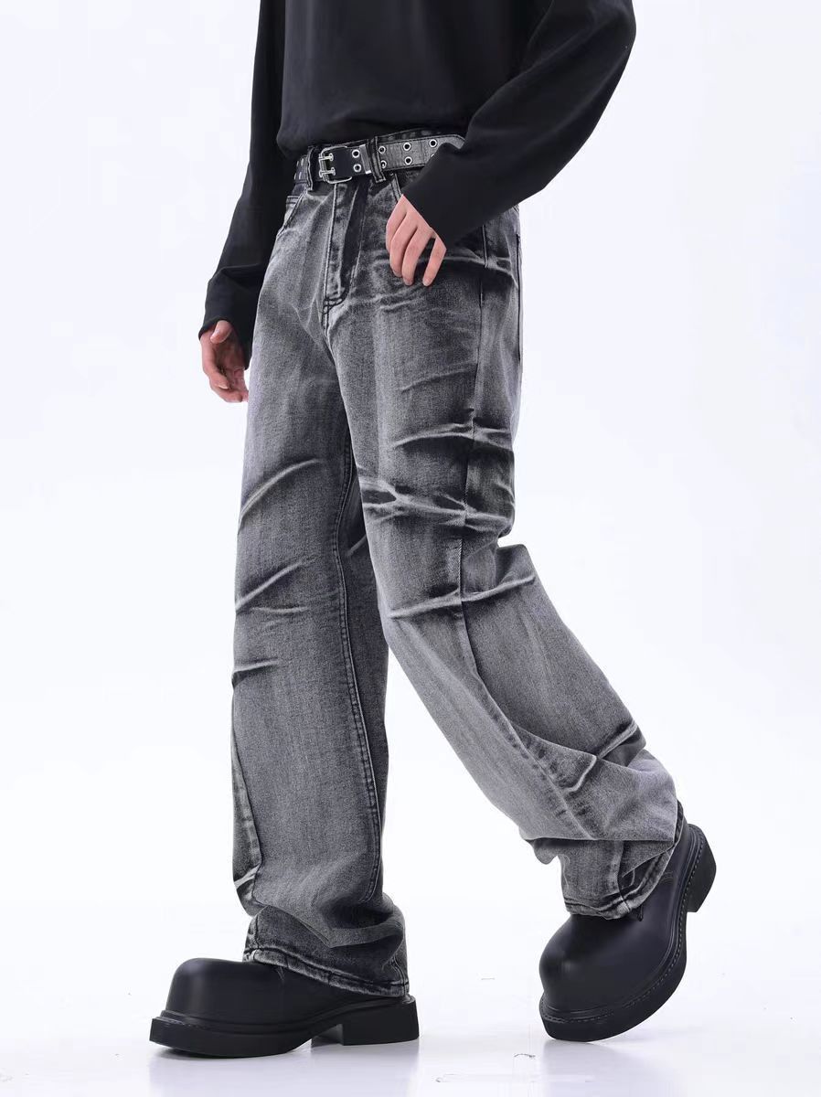 image of Vintage Washed Wasteland Style Pleated Wide Leg Jeans in Dark Grey, Men's (Size 32)