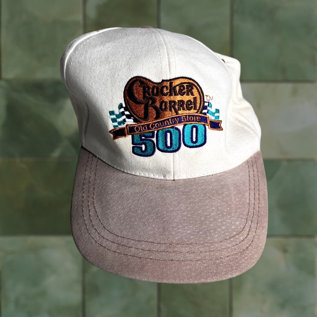 NASCAR VINTAGE Cracker Barrel 500 NASCAR Hat Cream Tan Suede Brim Leather Strap Cap Men One Size Ivory Canvas Adjustable Bre breathable 90s? Size ONE SIZE - 1 Thumbnail